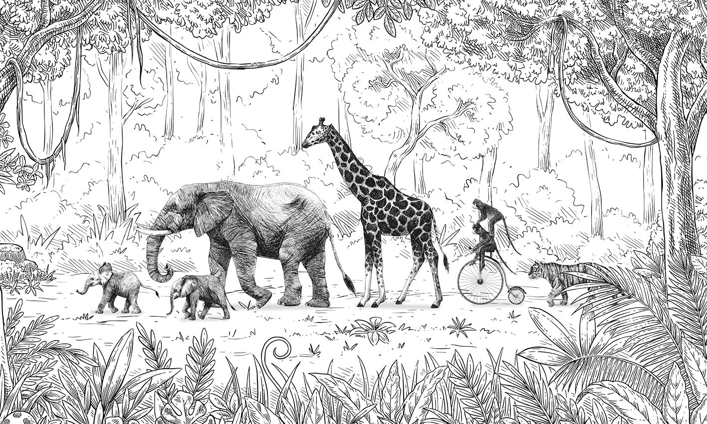 Papier peint jungle enfant monochrome noir et blanc, XXL, tendance