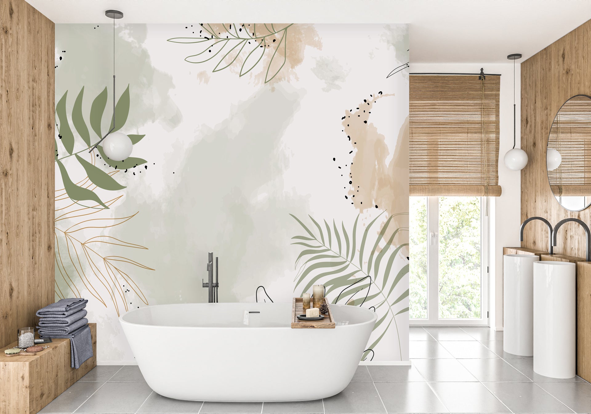 Papier peint panoramique aquarelle végétale, mural concept, tendance