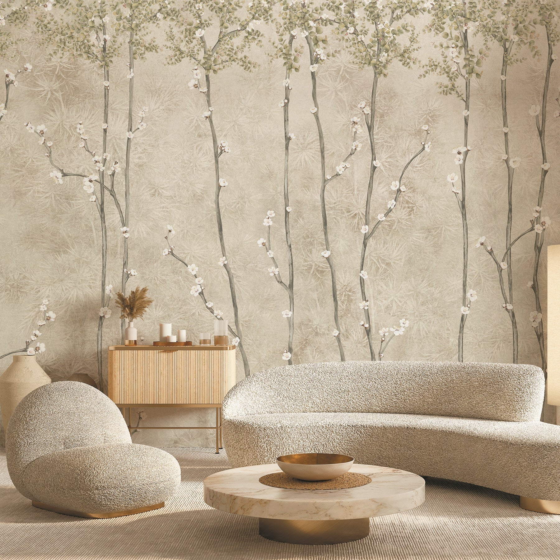 Papier peint panoramique branches japandi, mural concept, tendance