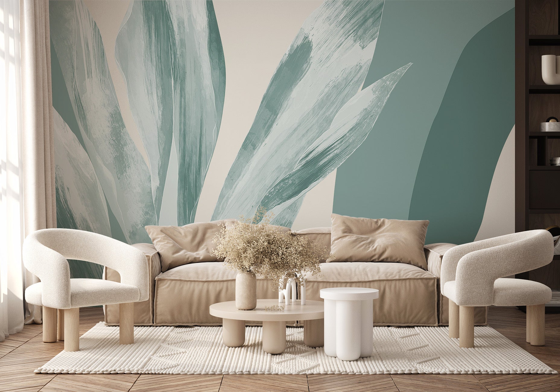 Papier peint panoramique étoffe florale vert d'eau, XXL, tendance