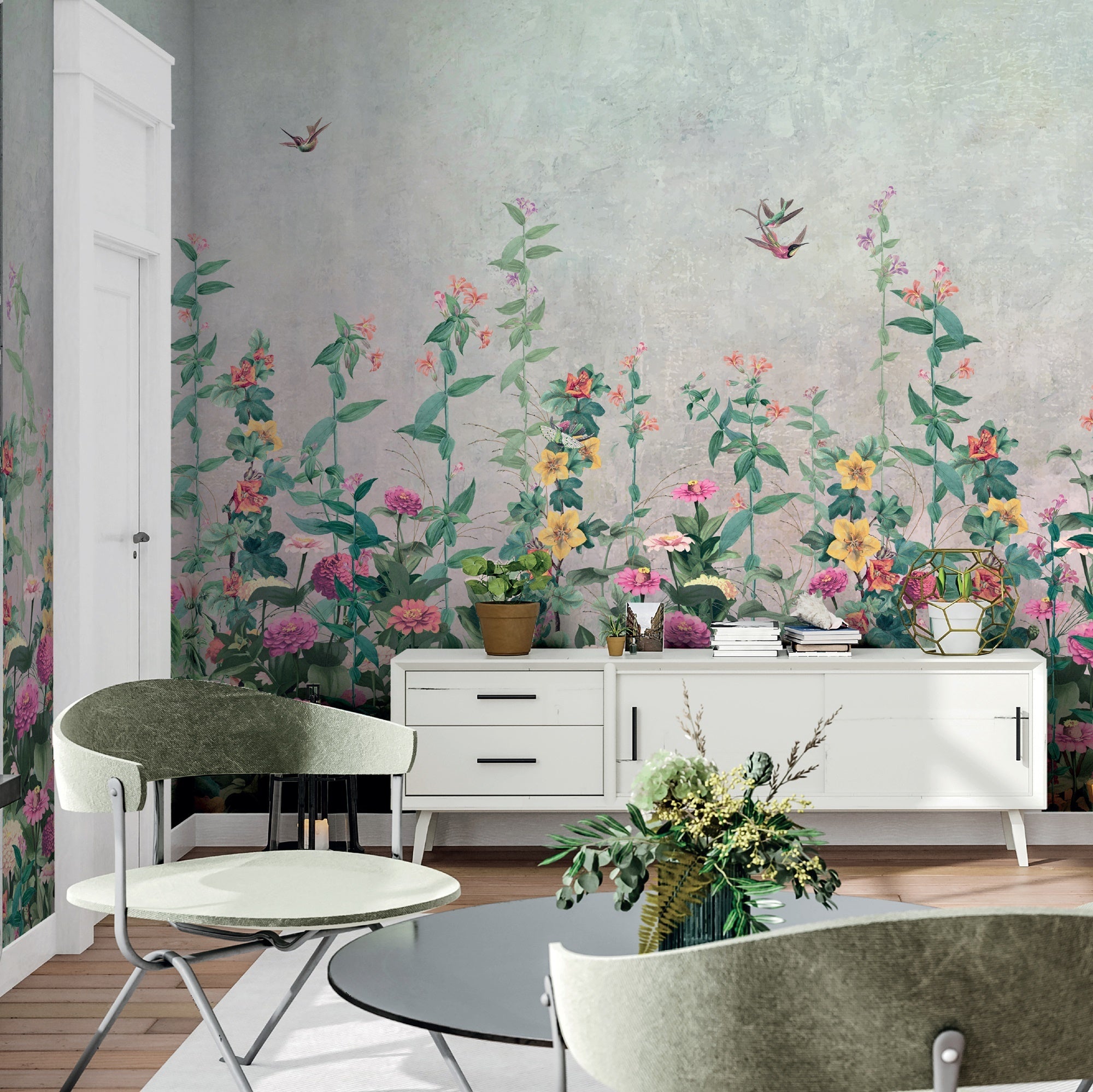 Papier peint panoramique fleurs grimpantes, mural concept, tendance