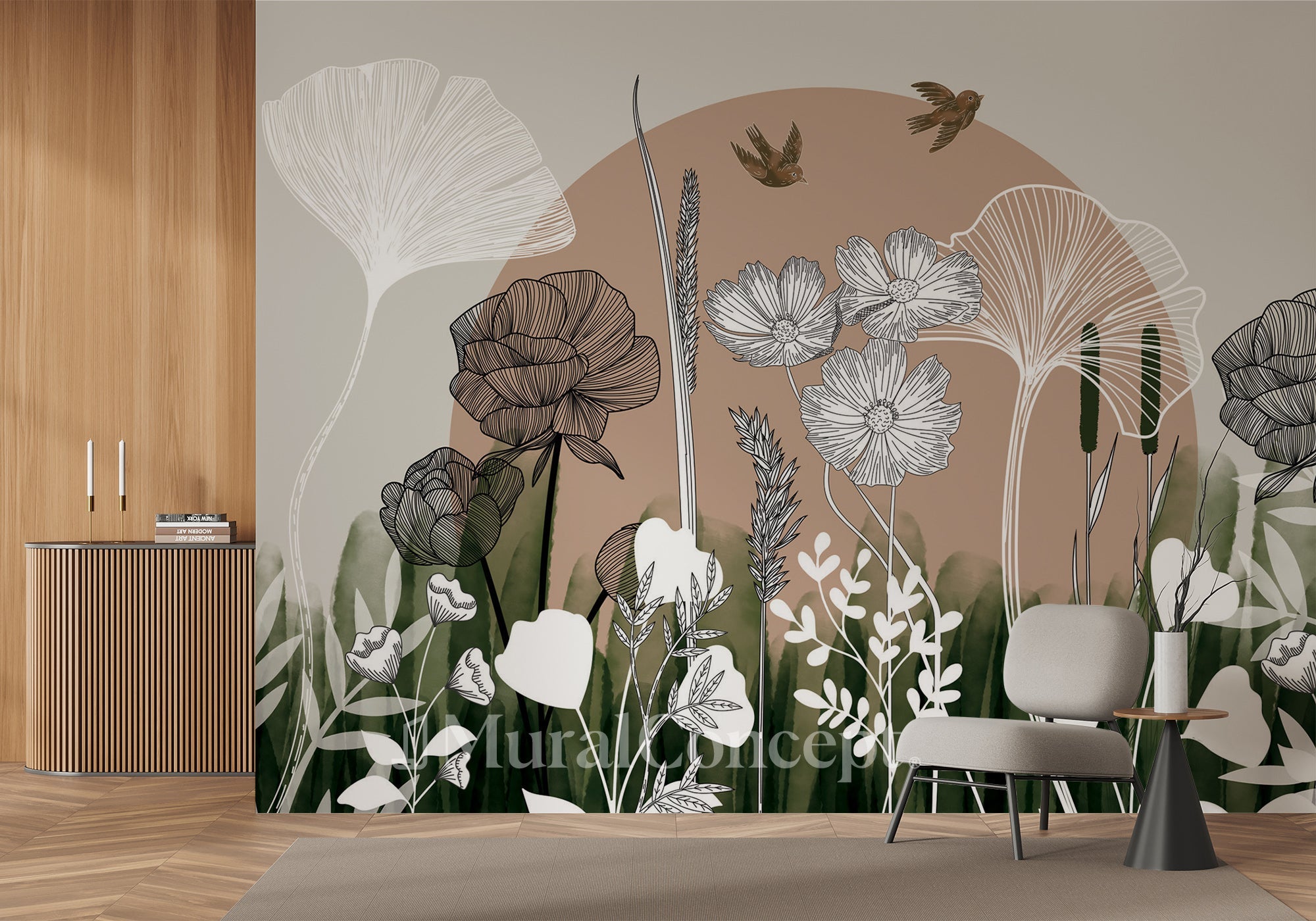 Papier peint panoramique illustration florale - Muralconcept