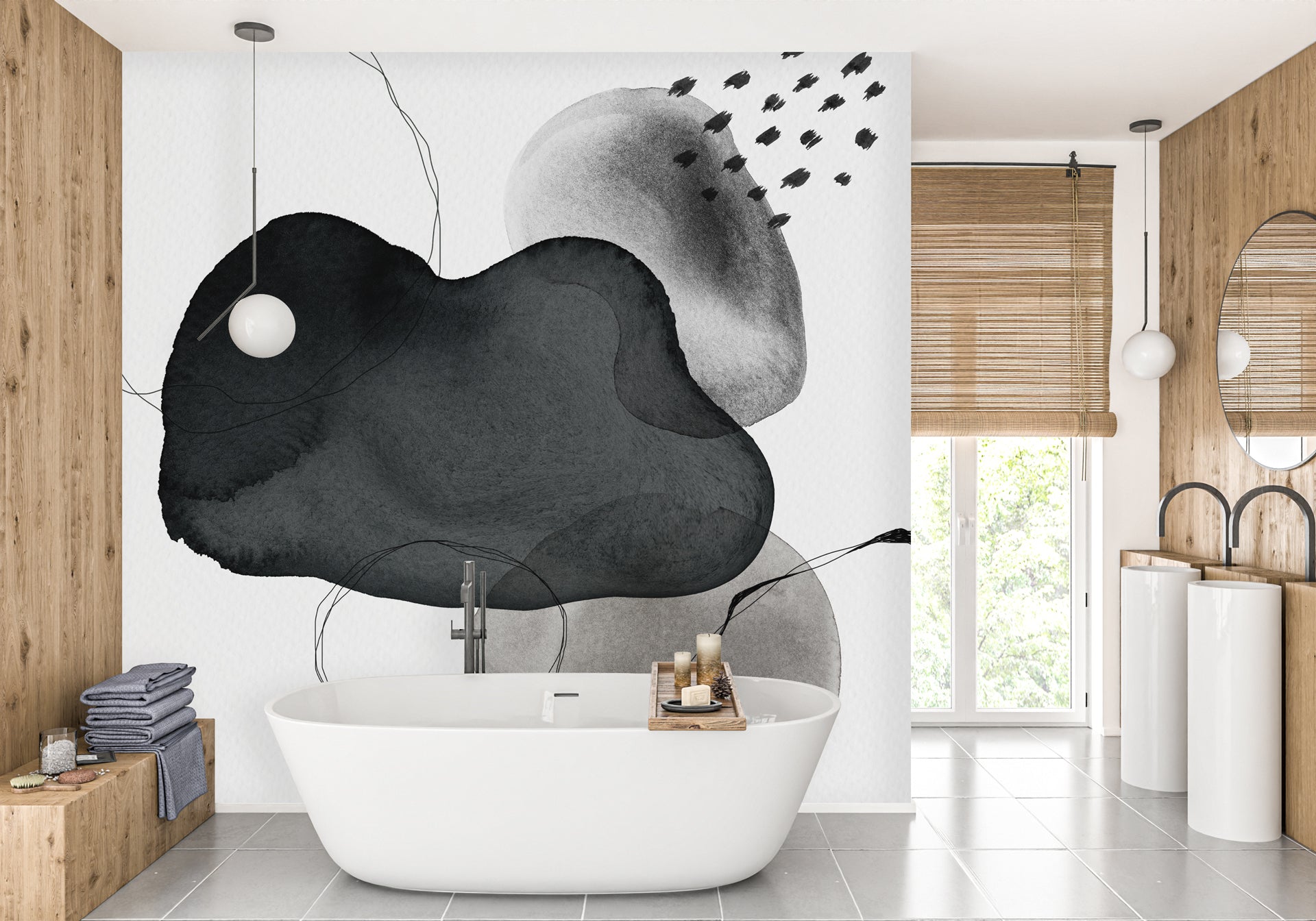 Papier peint moderne aquarelle noir et blanc, mural concept, tendance