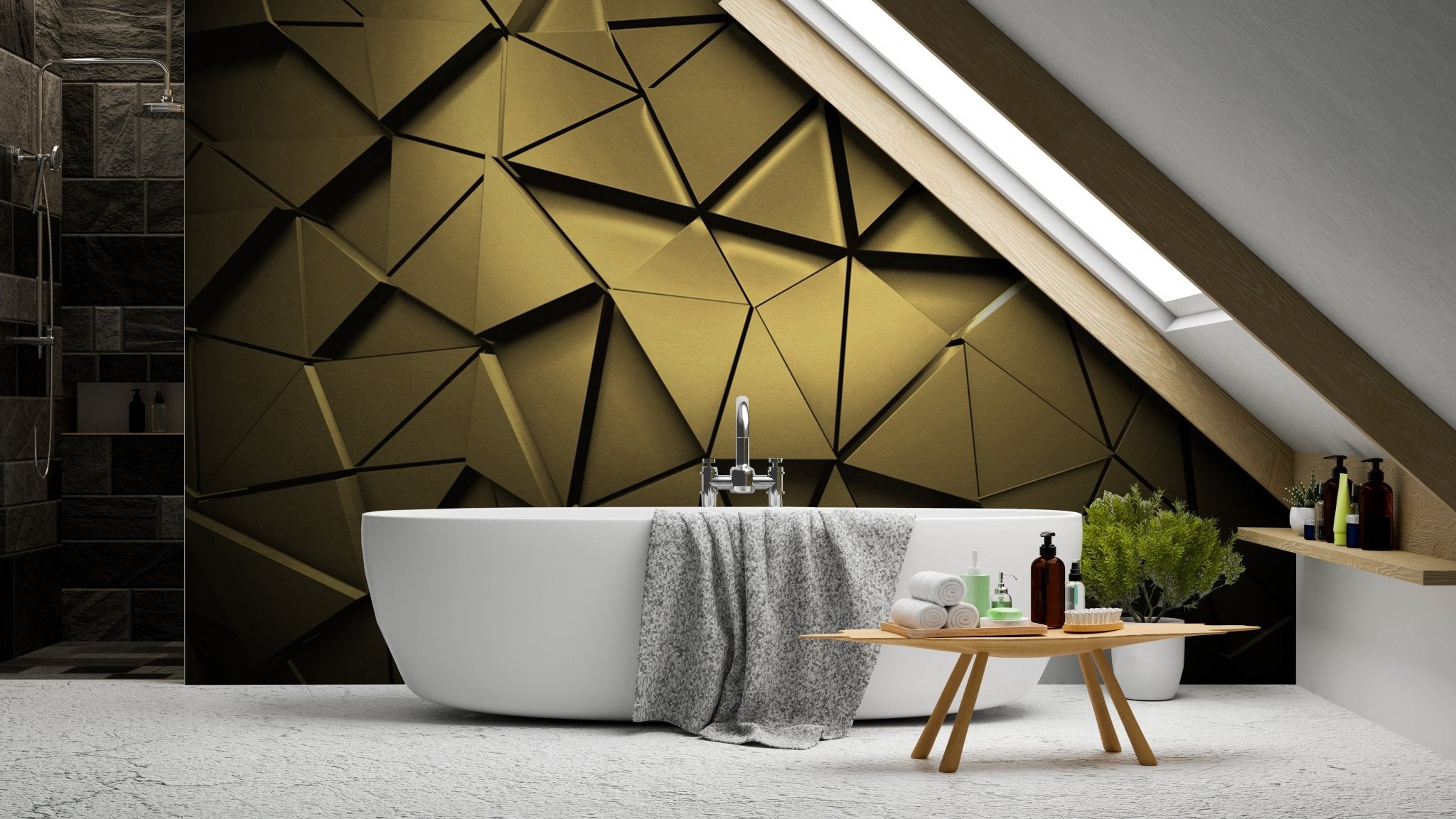 Papier peint 3D black perspective gold, mural concept, tendance