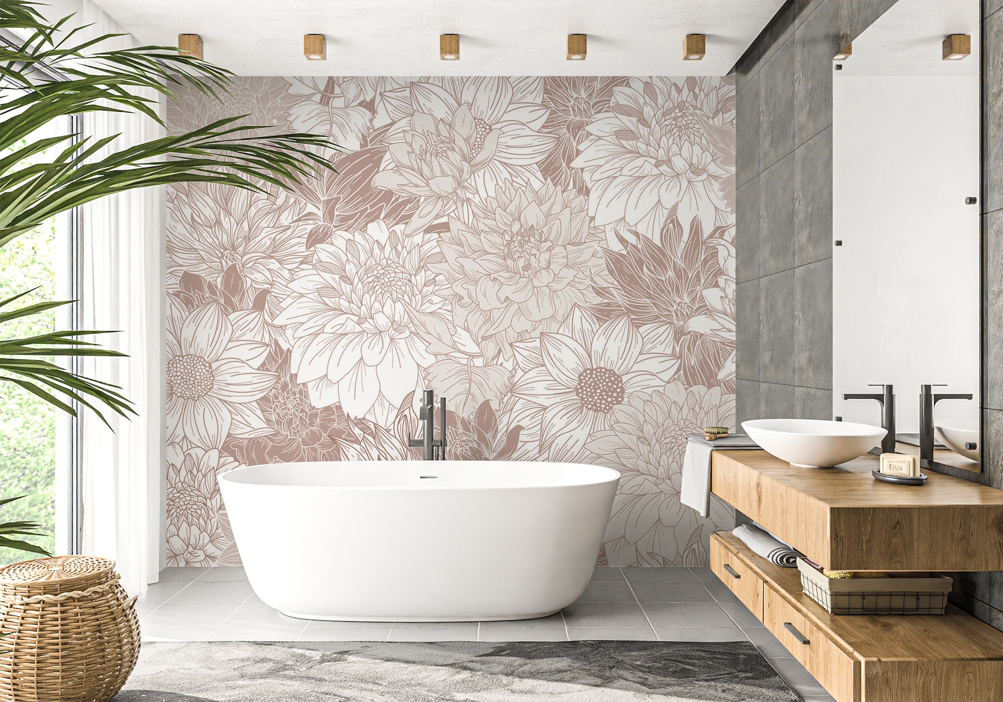 Papier peint salle de bain fleur Dahlia, mural concept, tendance