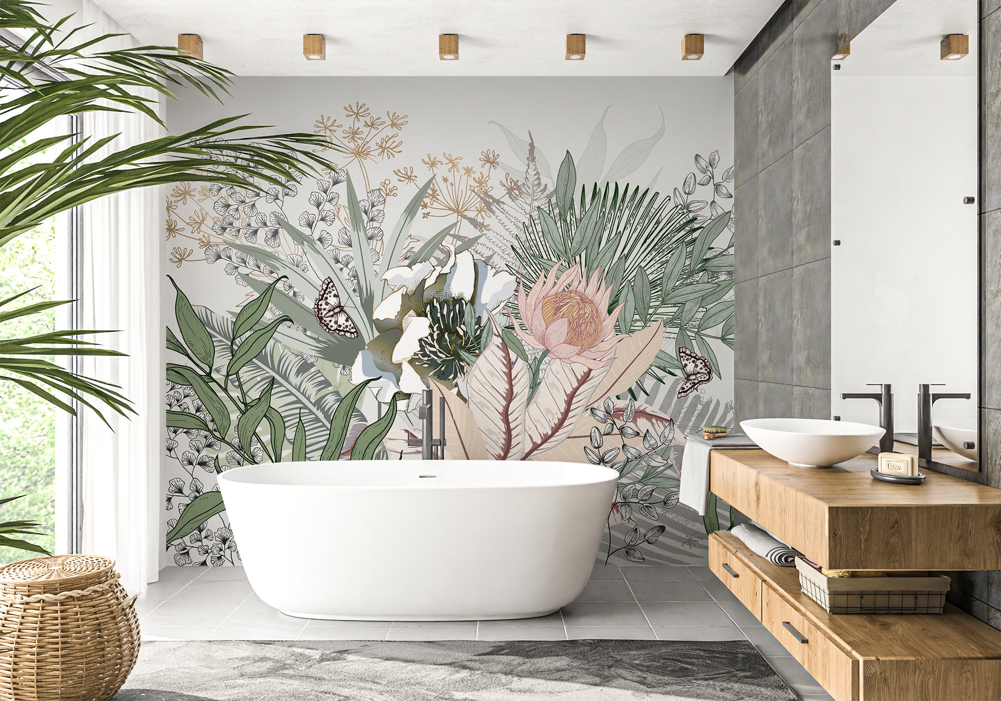 Papier peint salle de bain floral botanic, mural concept, tendance