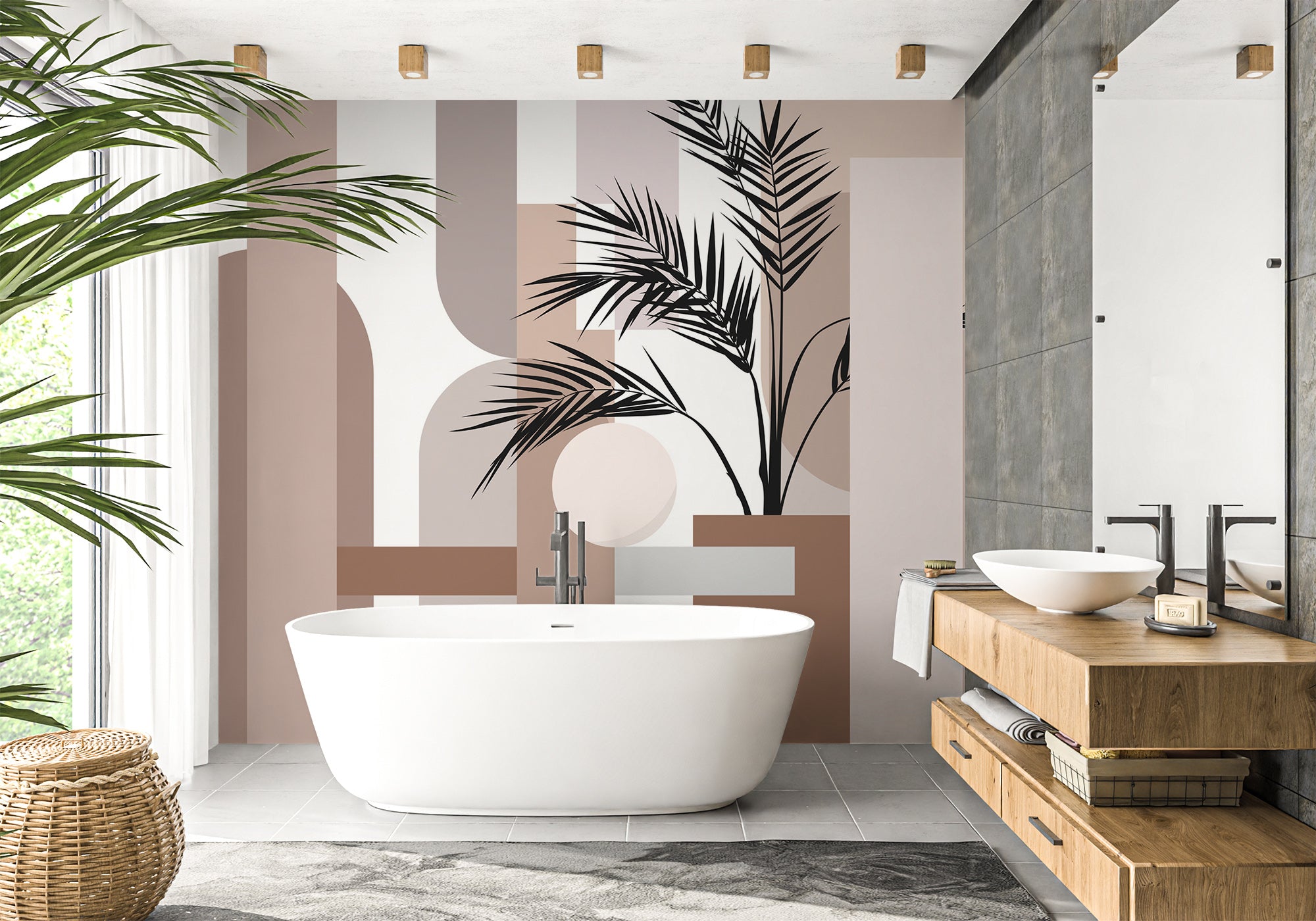 Papier peint salle de bain géométrique terracotta, mural concept, tendance