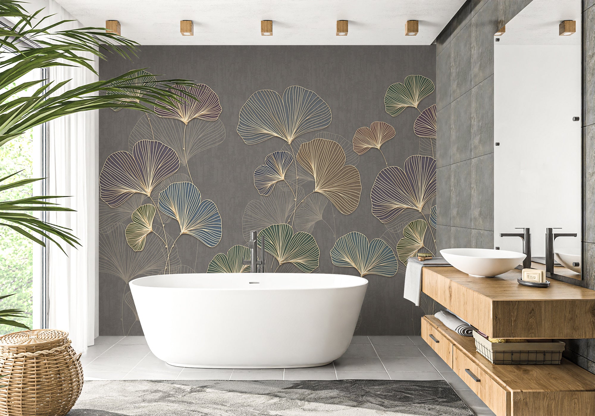 Papier peint salle de bain ginkgo asie tendance, mural concept, tendance