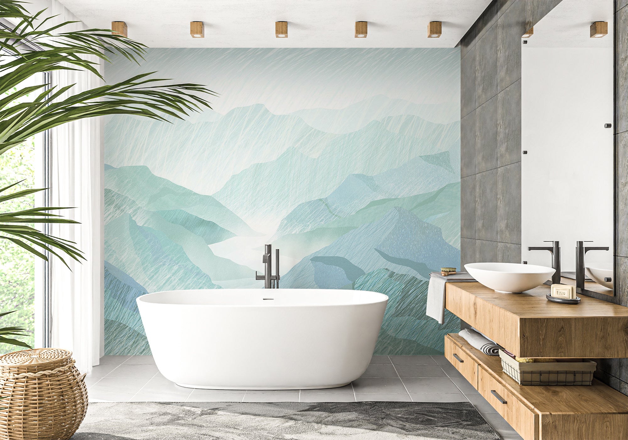 Papier peint salle de bain illustration montagnes vert, mural concept, tendance