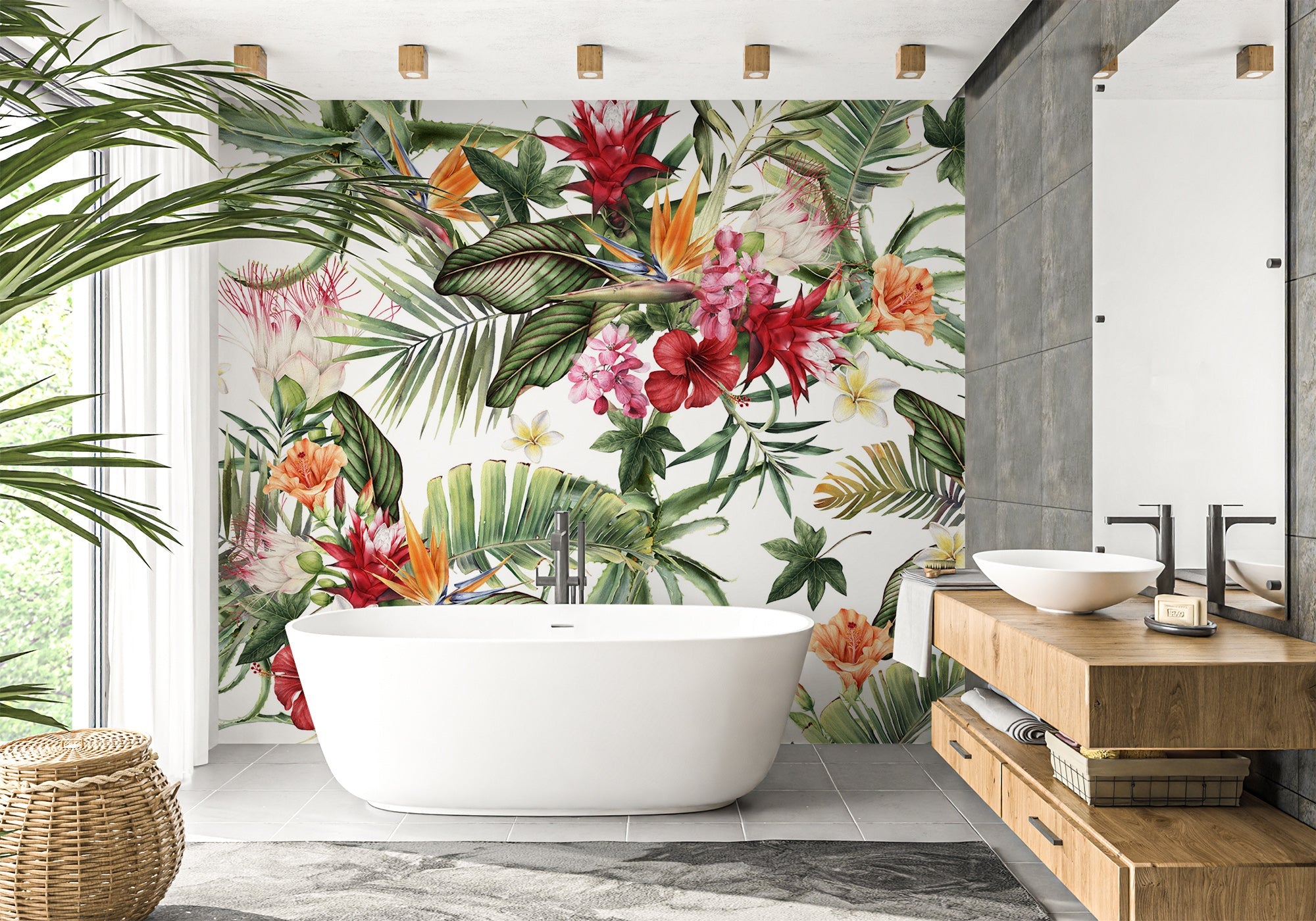 Papier peint salle de bain tropical & Fleurs colorées, XXL, tendance