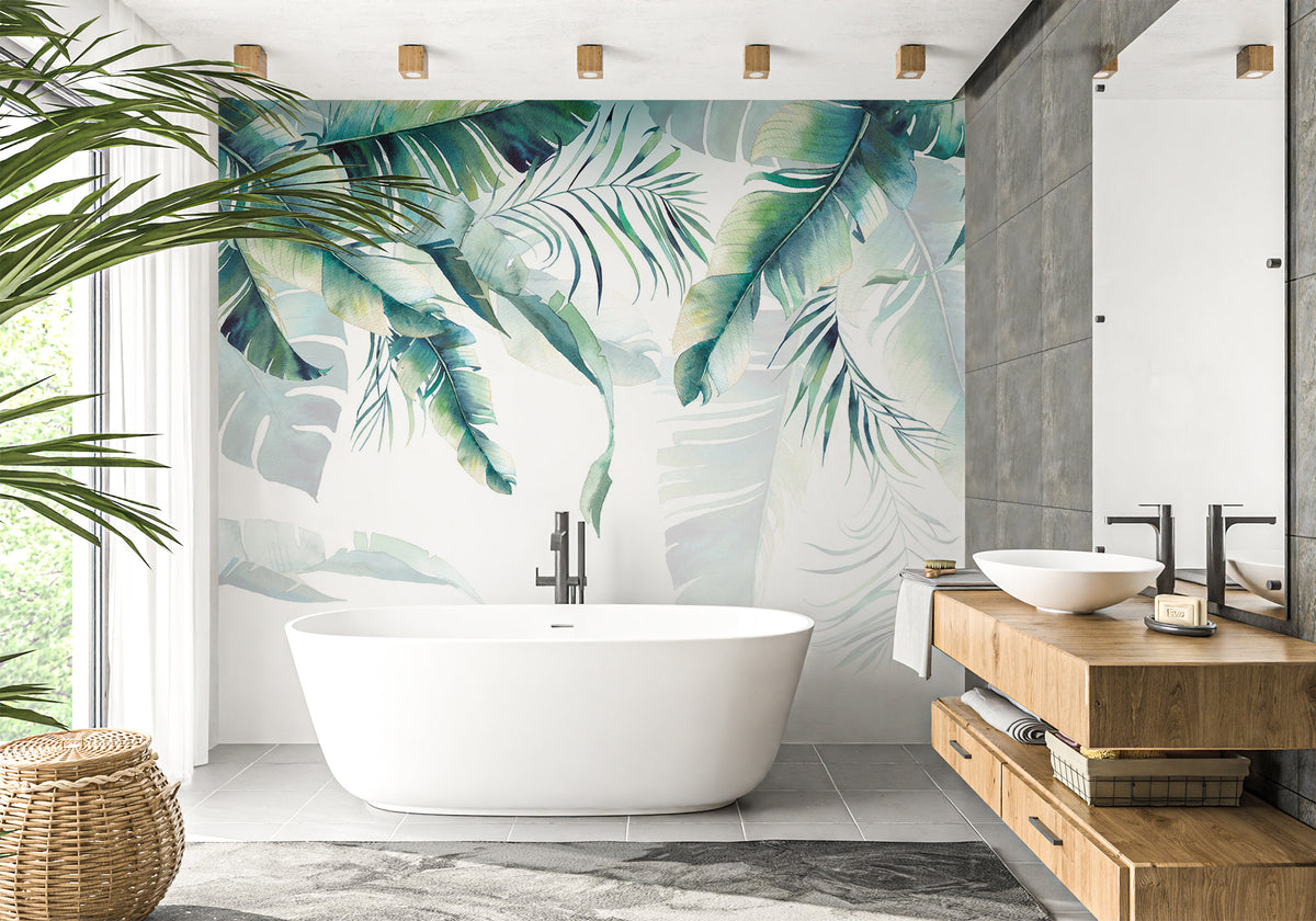 Carta da parati per bagno in stile Jungle e scandinavo