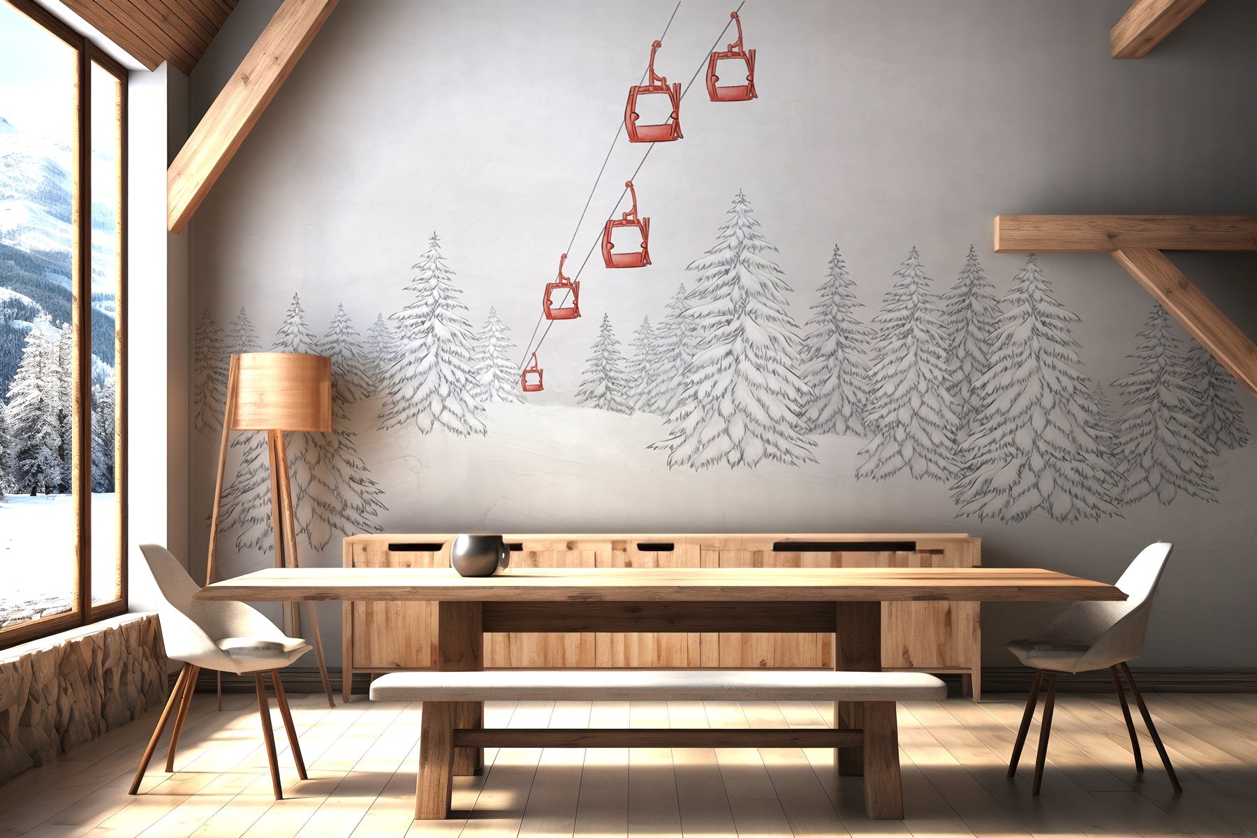 Papier peint montagne télécabine rouge, XXL, tendance