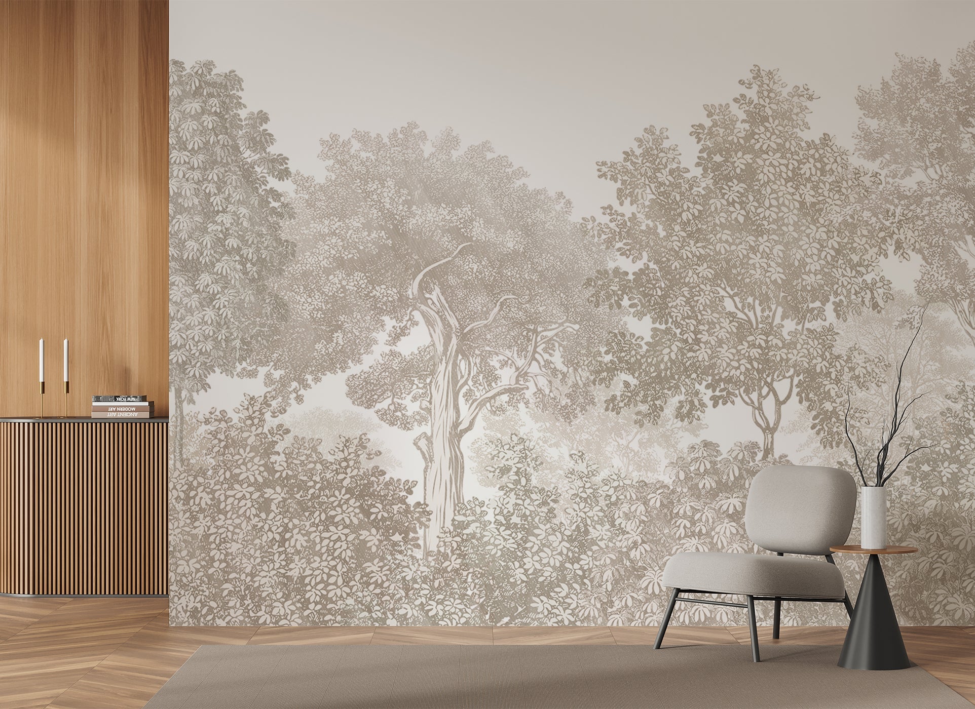 Papier peint paysage forêt gravure beige, XXL, tendance