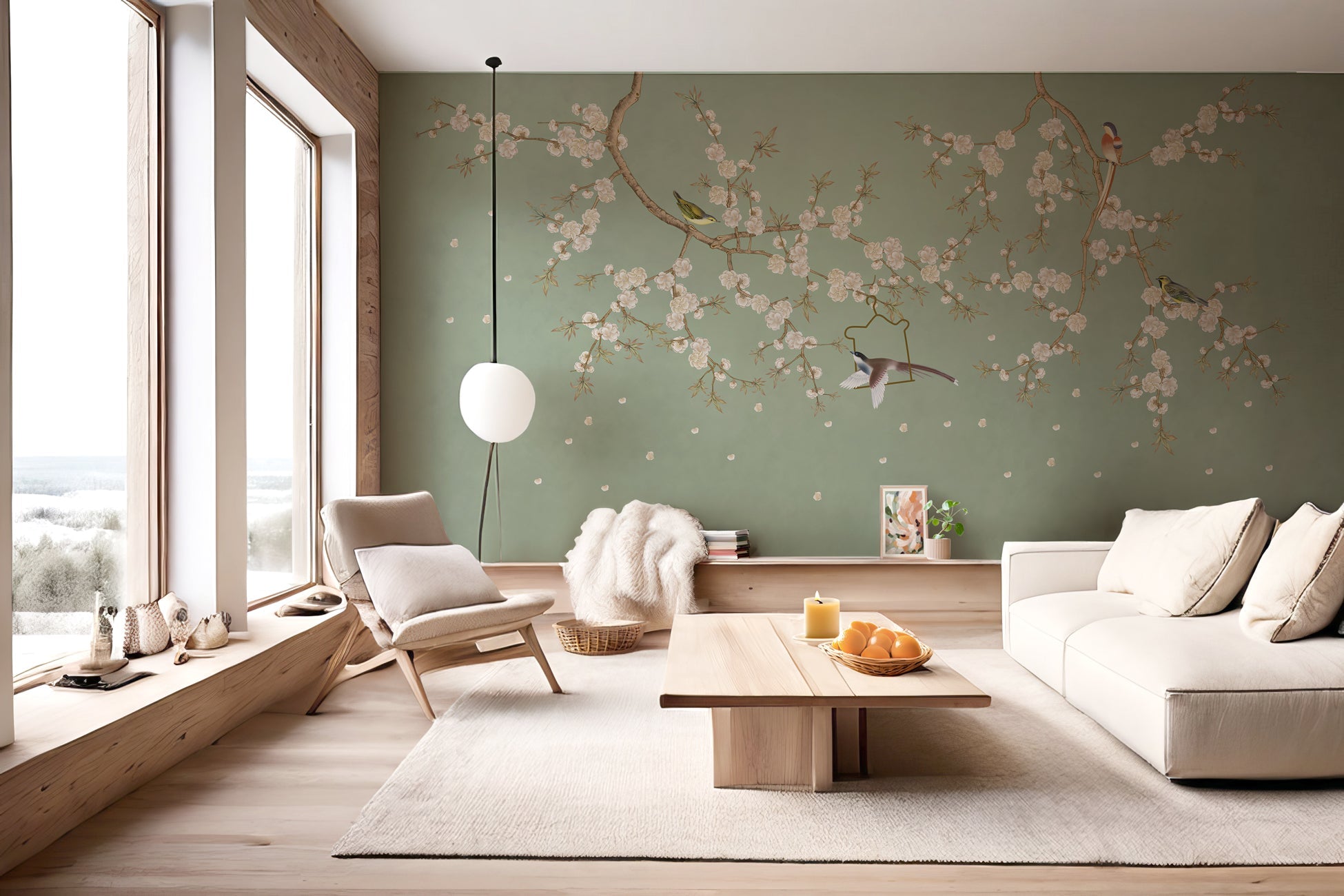 Papier peint sakura zen vert - Muralconcept