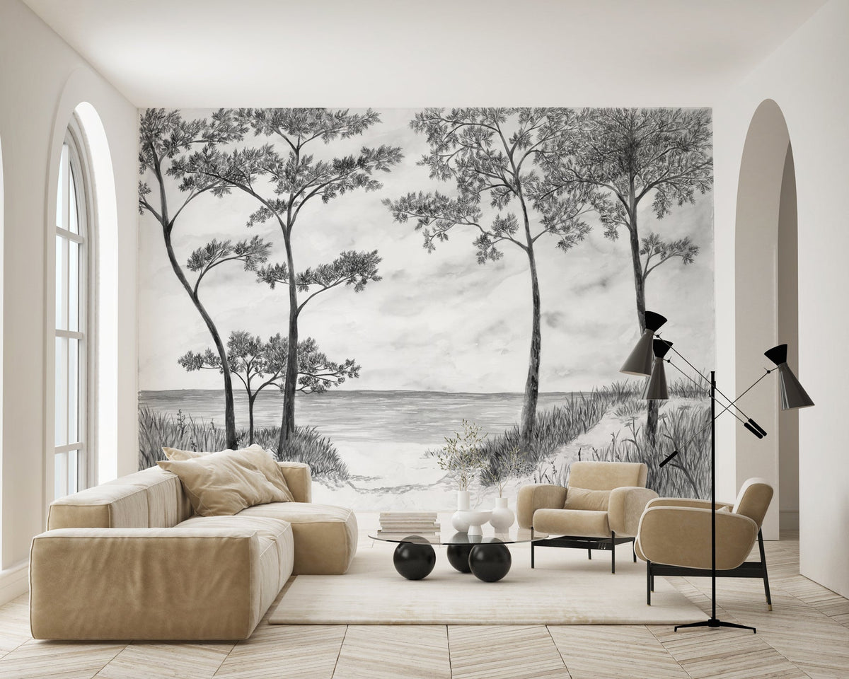 Carta da parati Pini marittimi e dune - Bianco e nero