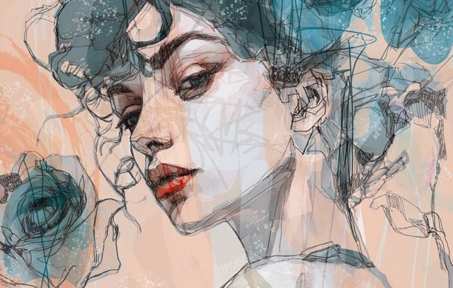 Papier peint visage féminin blue rose, XXL, tendance