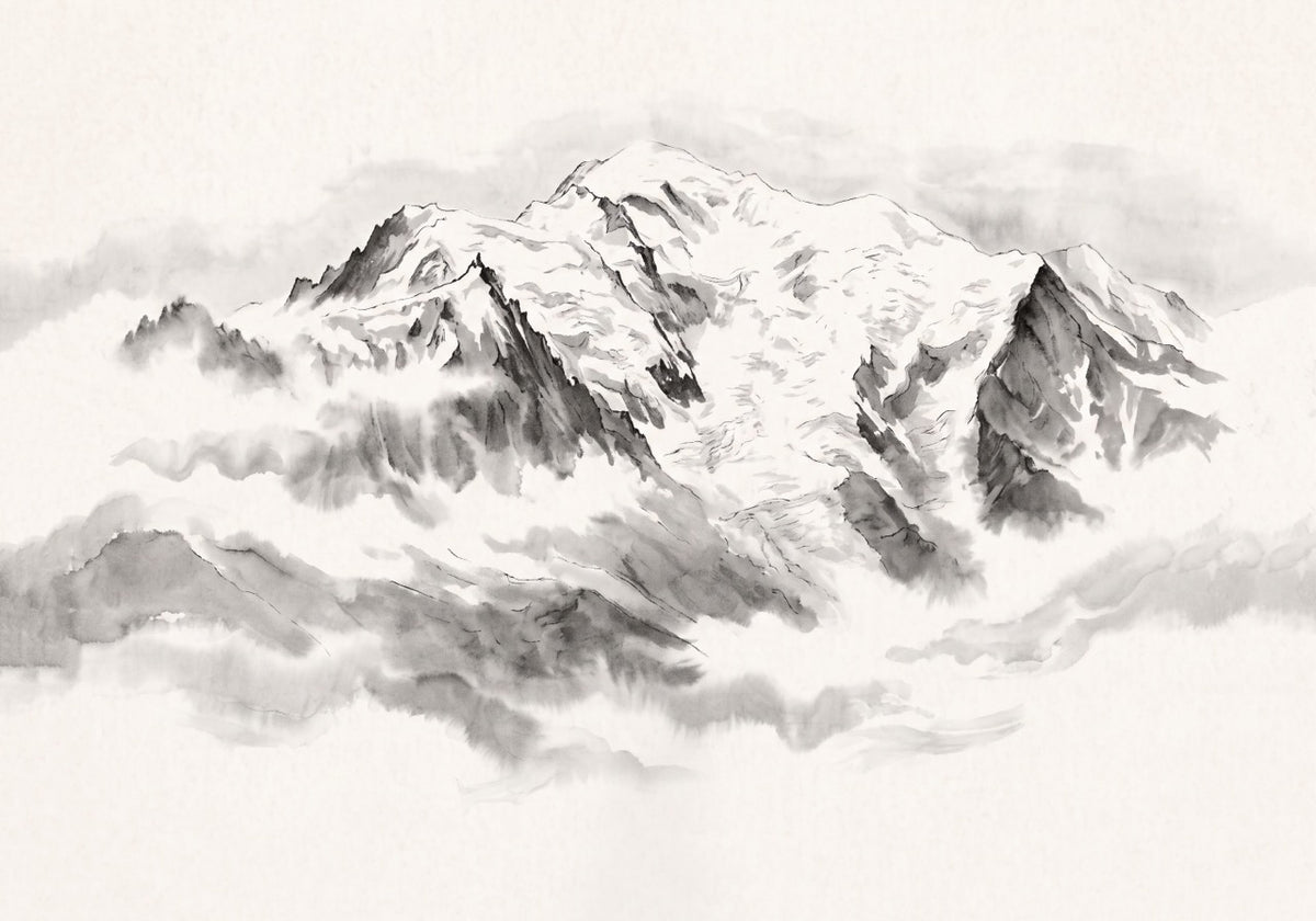 Carta da parati panoramica del Monte Bianco realizzata con inchiostro di china – affreschi avvolti dalla nebbia
