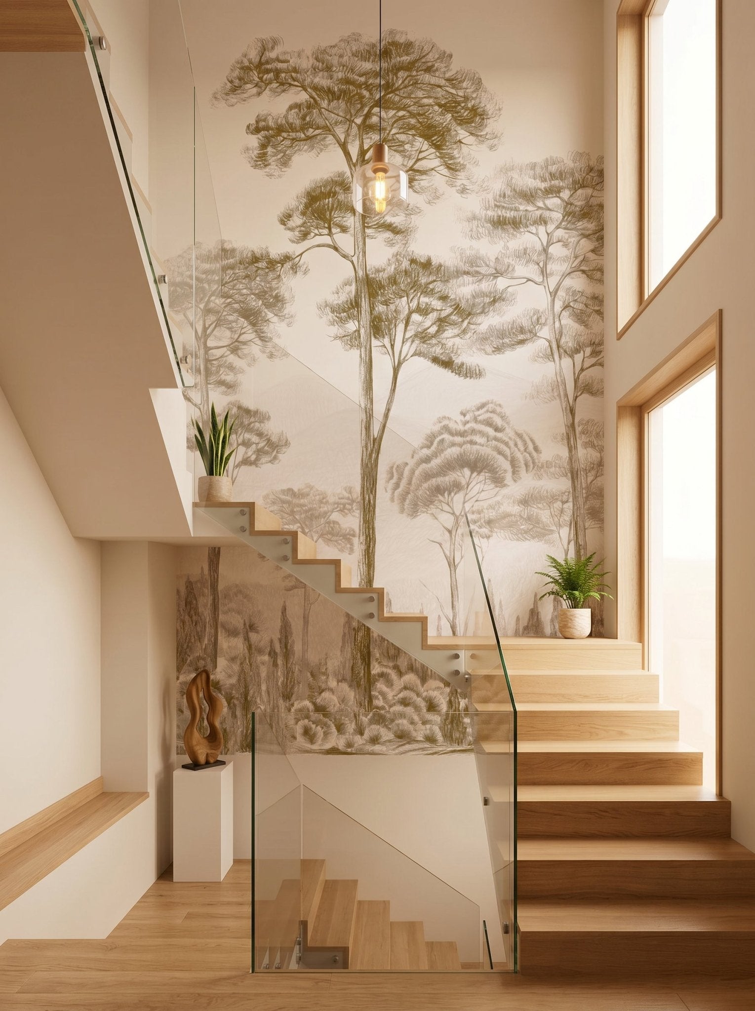 Papier peint escalier - Nature pinède sépia - Muralconcept