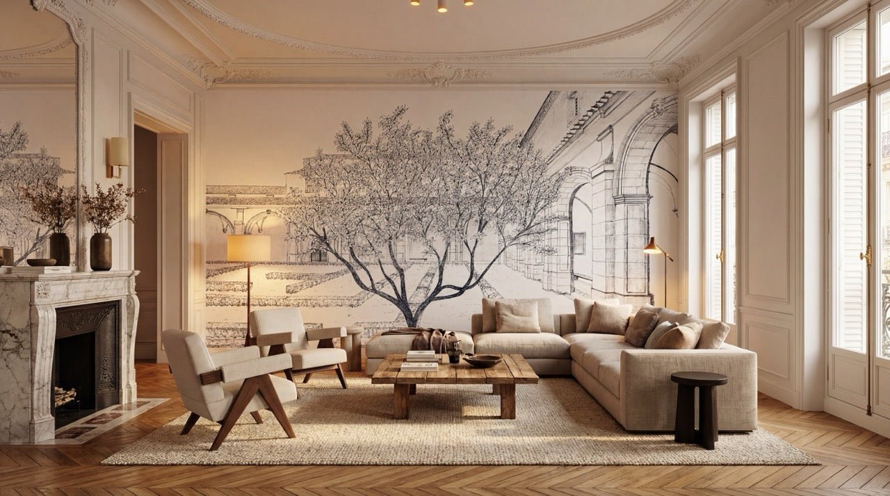 Papier peint panoramique sous les arcades – Jardin en gravure - Muralconcept