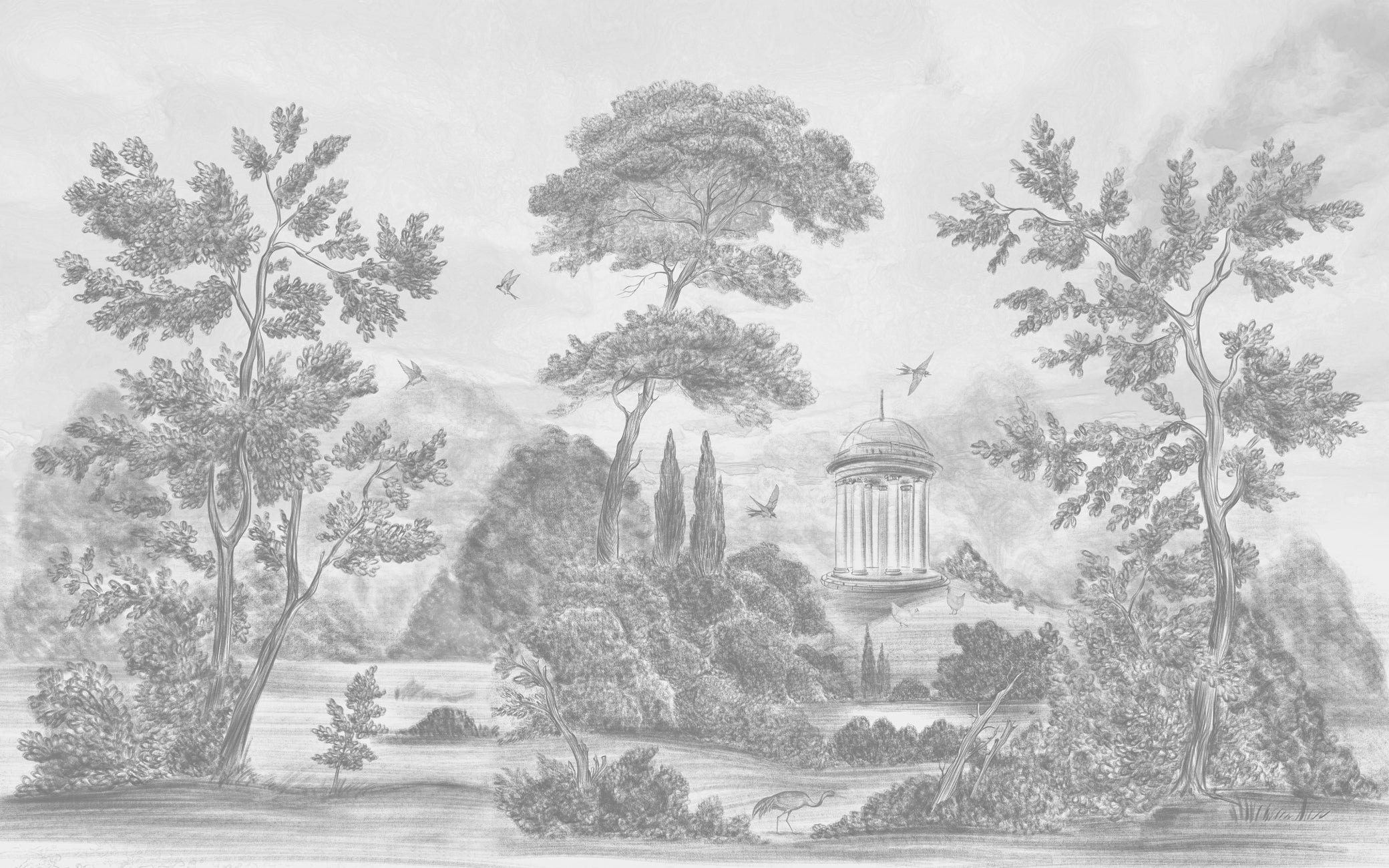 Papier peint panoramique Villa Borghese Rome – Gravure noir et blanc pins italiens - Muralconcept