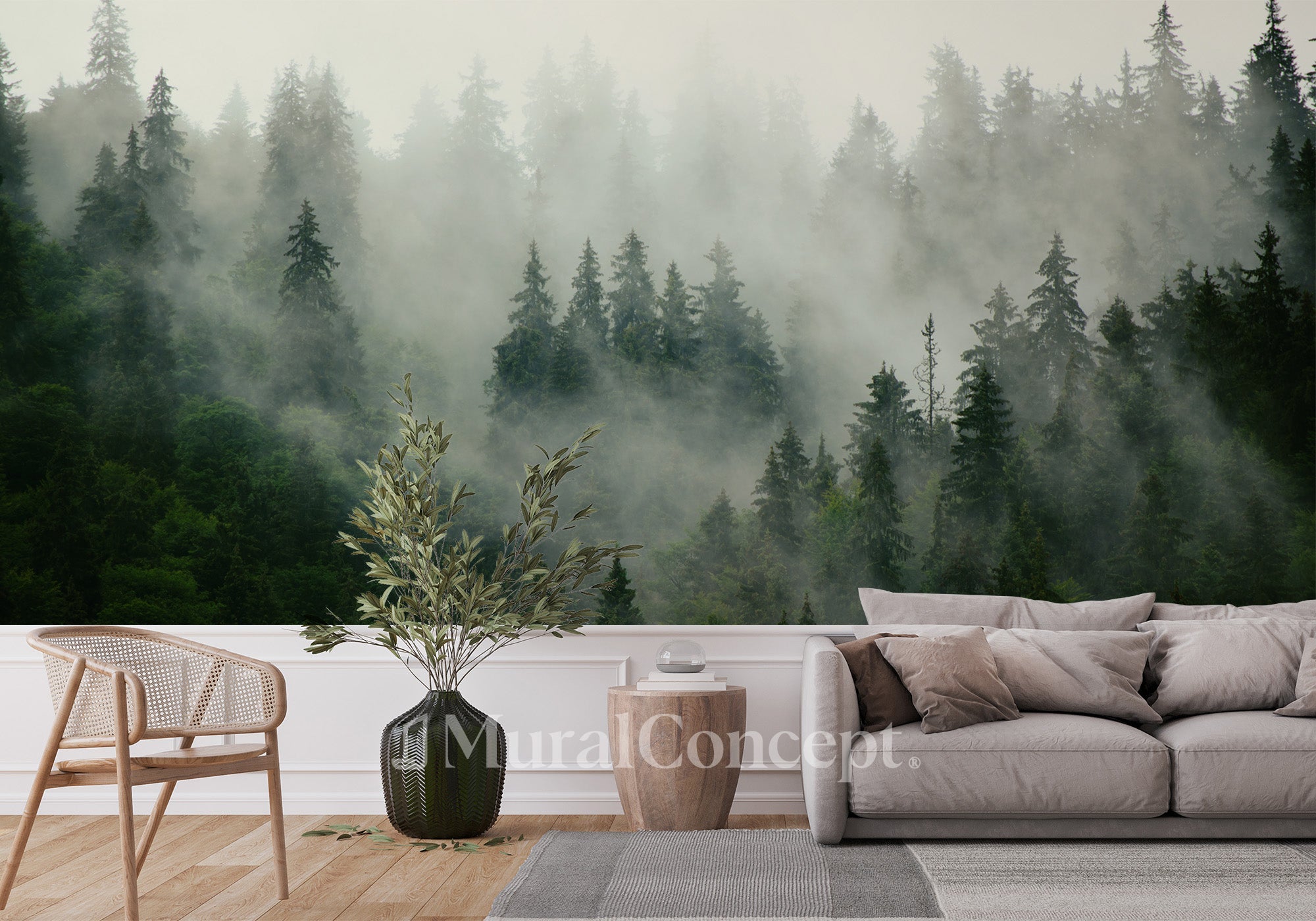 Papier peint forêt brumeuse verte - panoramique sur mesure francais - muralconcept