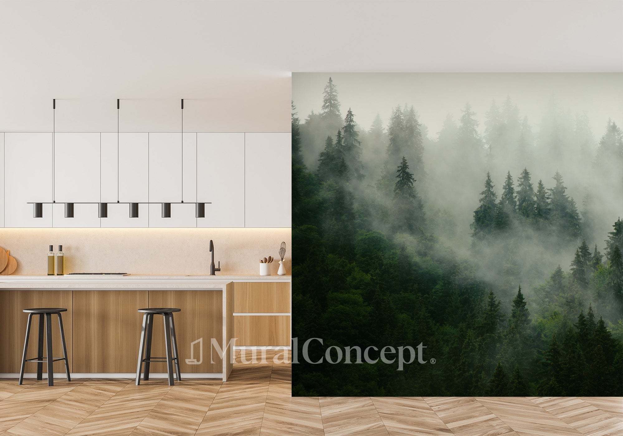 Papier peint forêt brumeuse verte - panoramique sur mesure francais - muralconcept