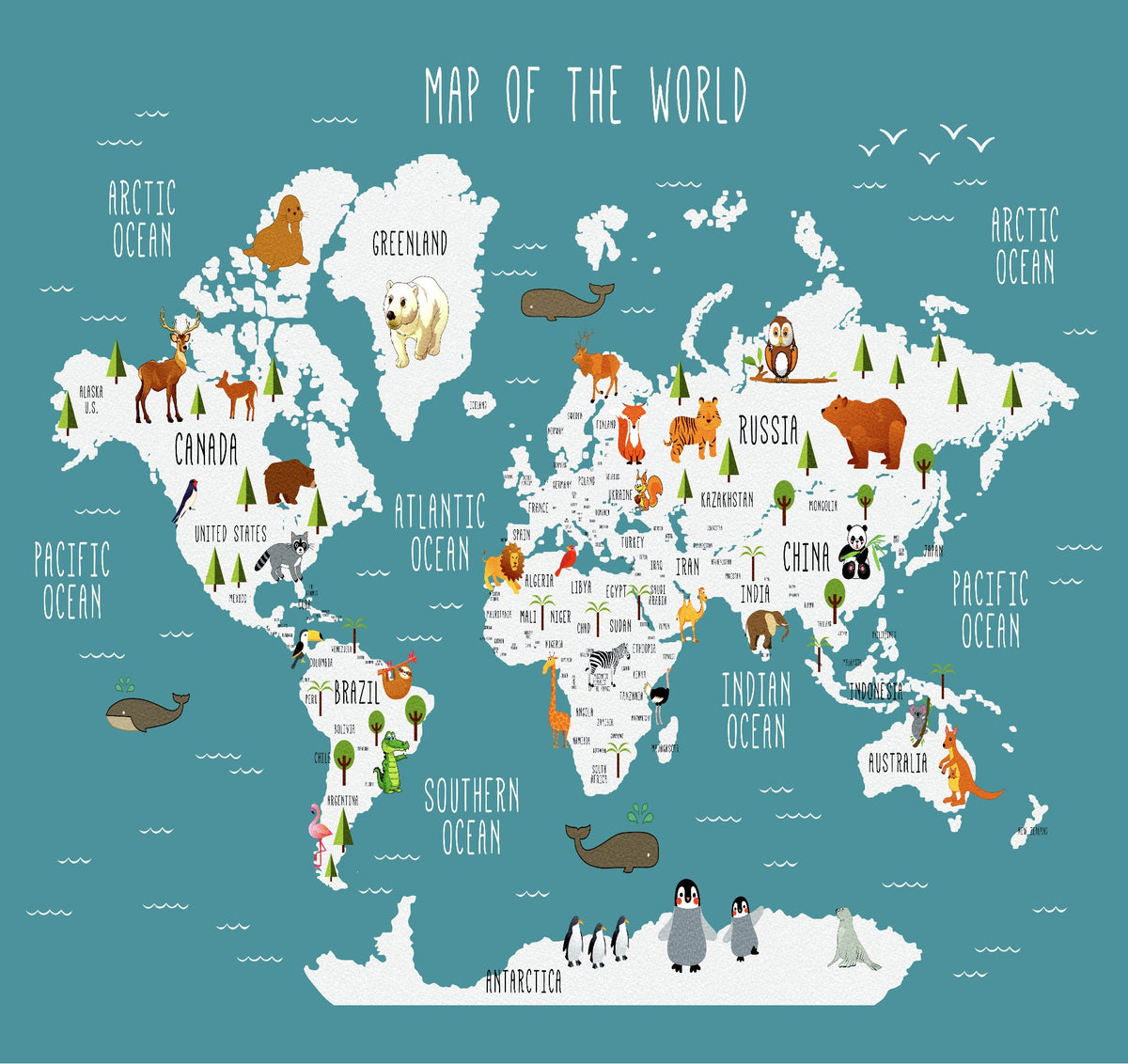 VP Wallpaper Mappa illustrata del mondo Anatra animali blu L352cm x H253cm