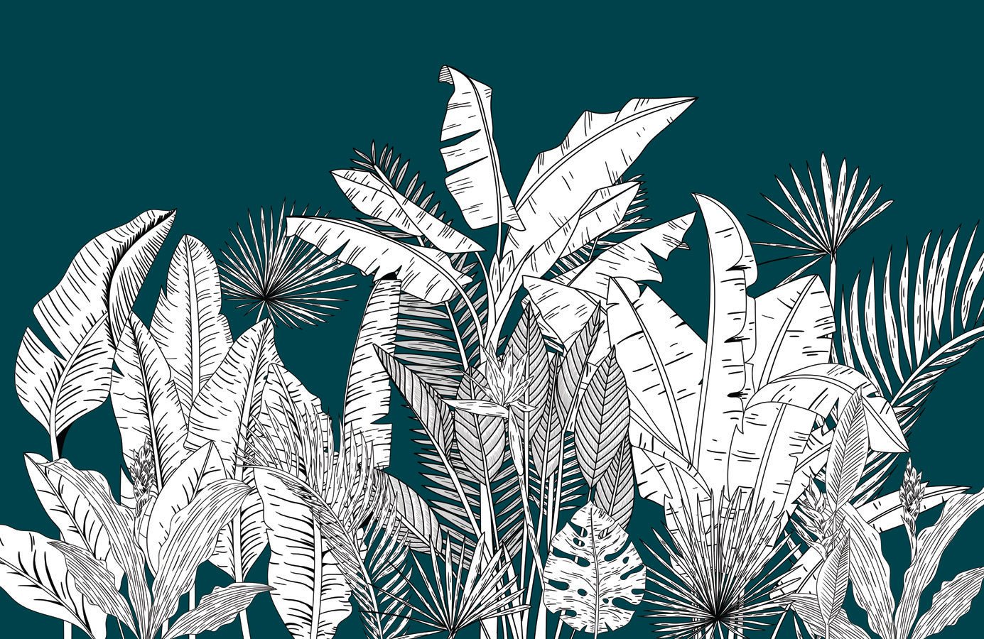 Papier peint salle de bain panoramique botanic leaf vert, mural concept, tendance