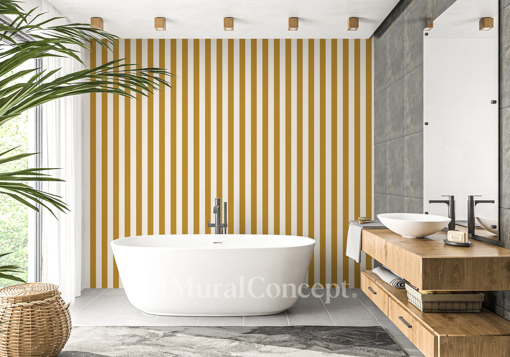 Papier peint salle de de bain rayure rétro jaune moutarde - panoramique sur mesure francais - muralconcept