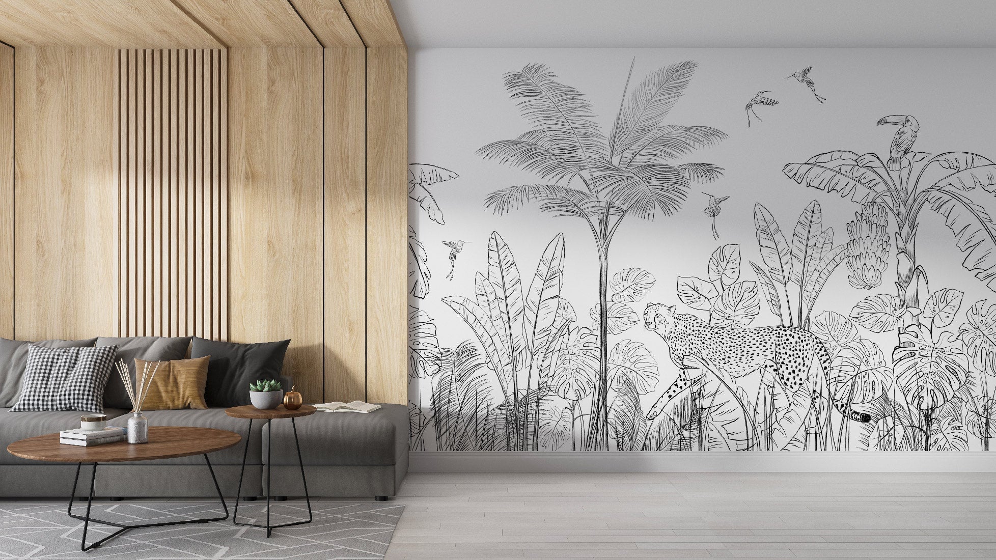 Papier peint jungle noir et blanc léopard - papier peint sur mesure francais - muralconcept
