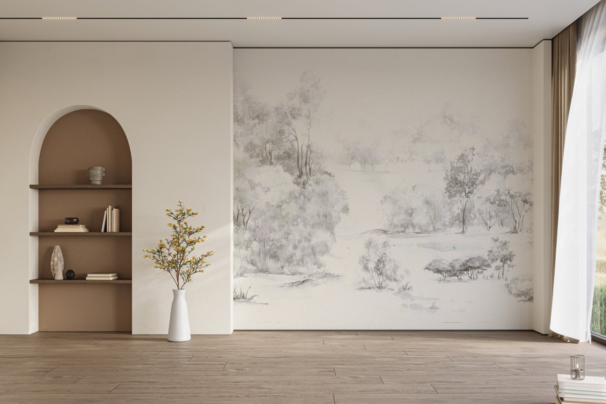 Papier peint forêt de pin aquarelle, mural concept, tendance