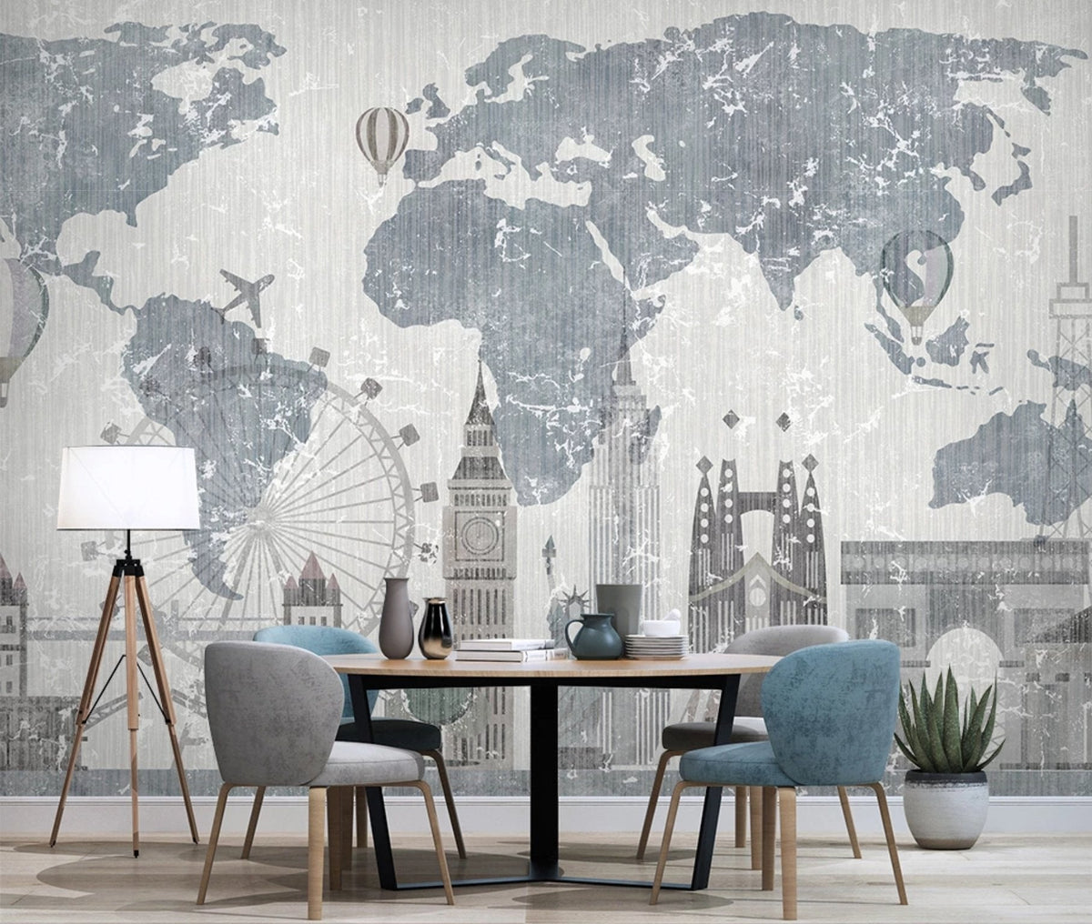Carta da parati vintage con mappa del mondo e monumenti