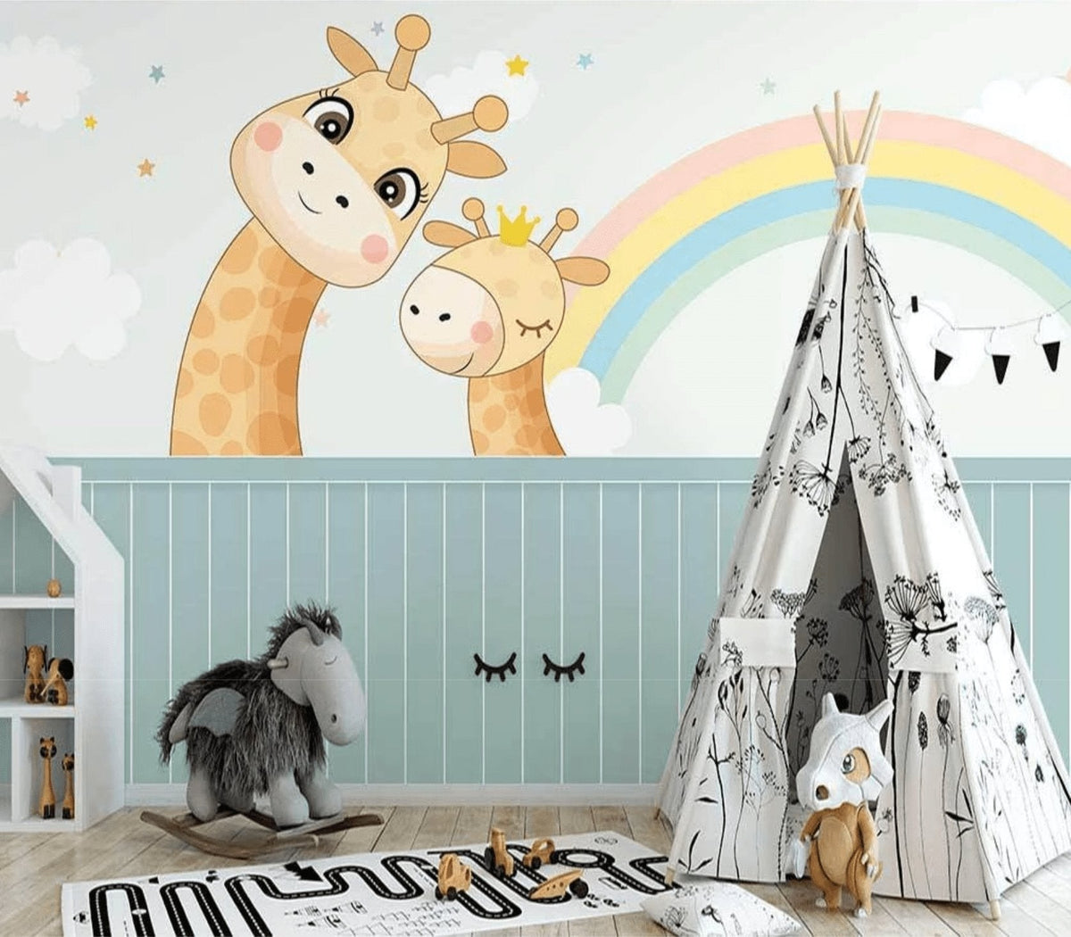 Sfondo per la camera da letto per bambini giraffa scandinava