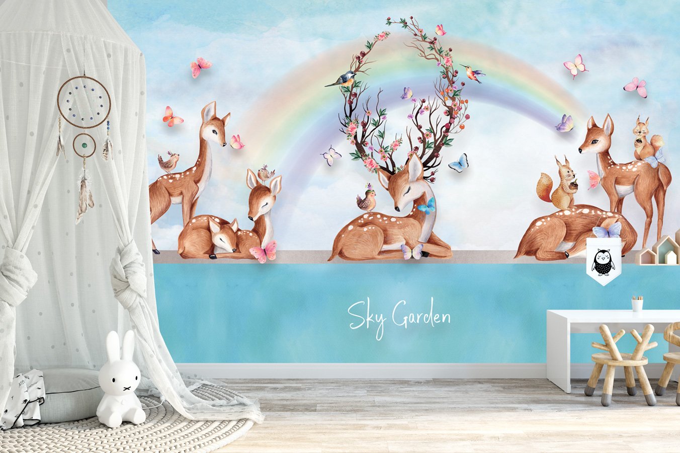 Papier peint chambre enfant douces biches arc en ciel - papier peint sur mesure francais - muralconcept