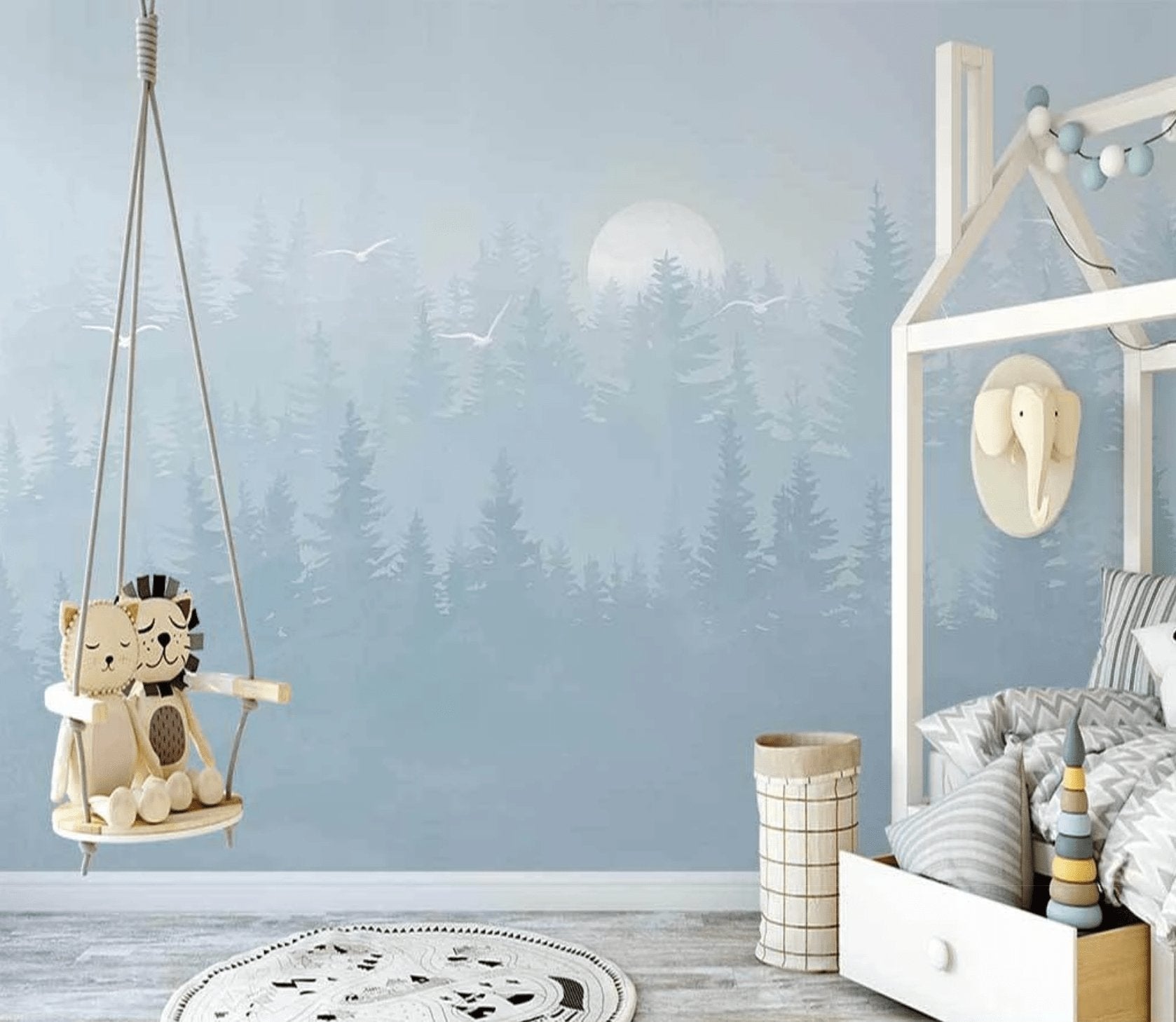Papier peint chambre enfant forêt scandinave bleu - papier peint sur mesure francais - muralconcept