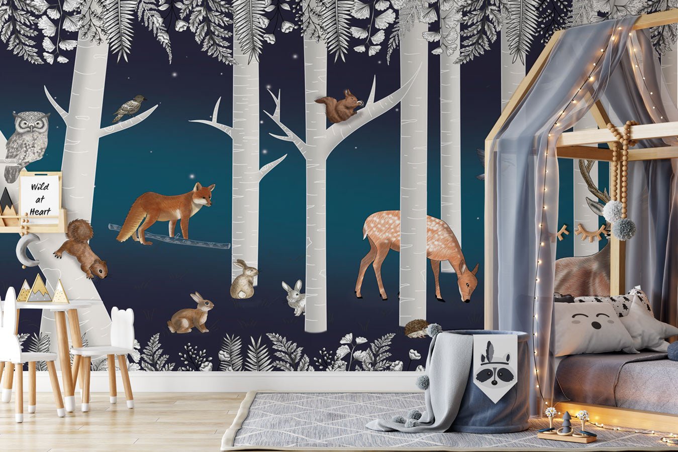 Papier peint enfant bois enchanté et ses animaux nuit étoilée - papier peint sur mesure francais - muralconcept