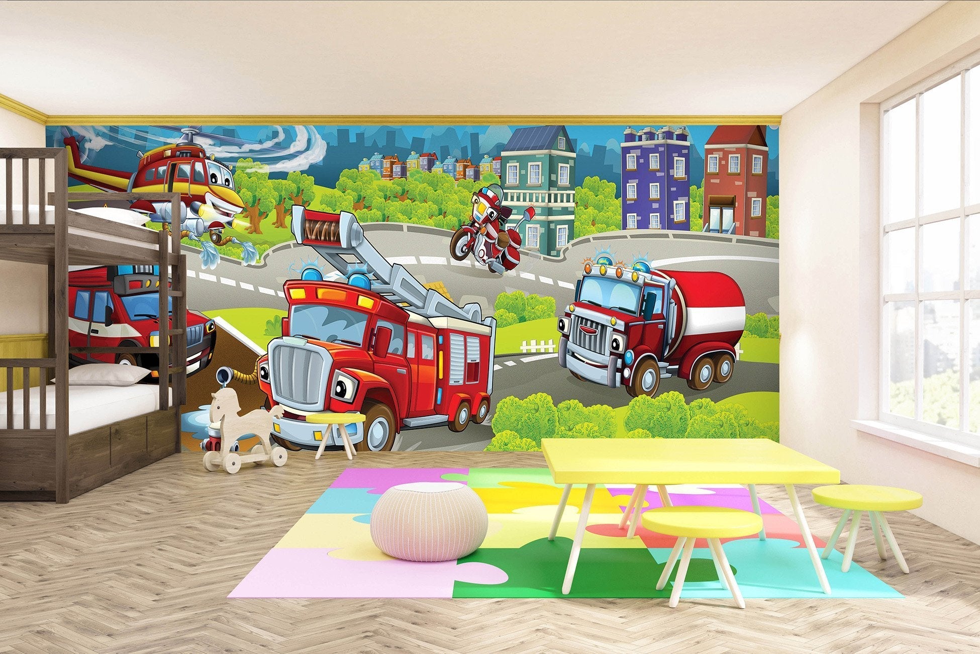 Papier peint enfant camion voiture & hélico - papier peint sur mesure francais - muralconcept