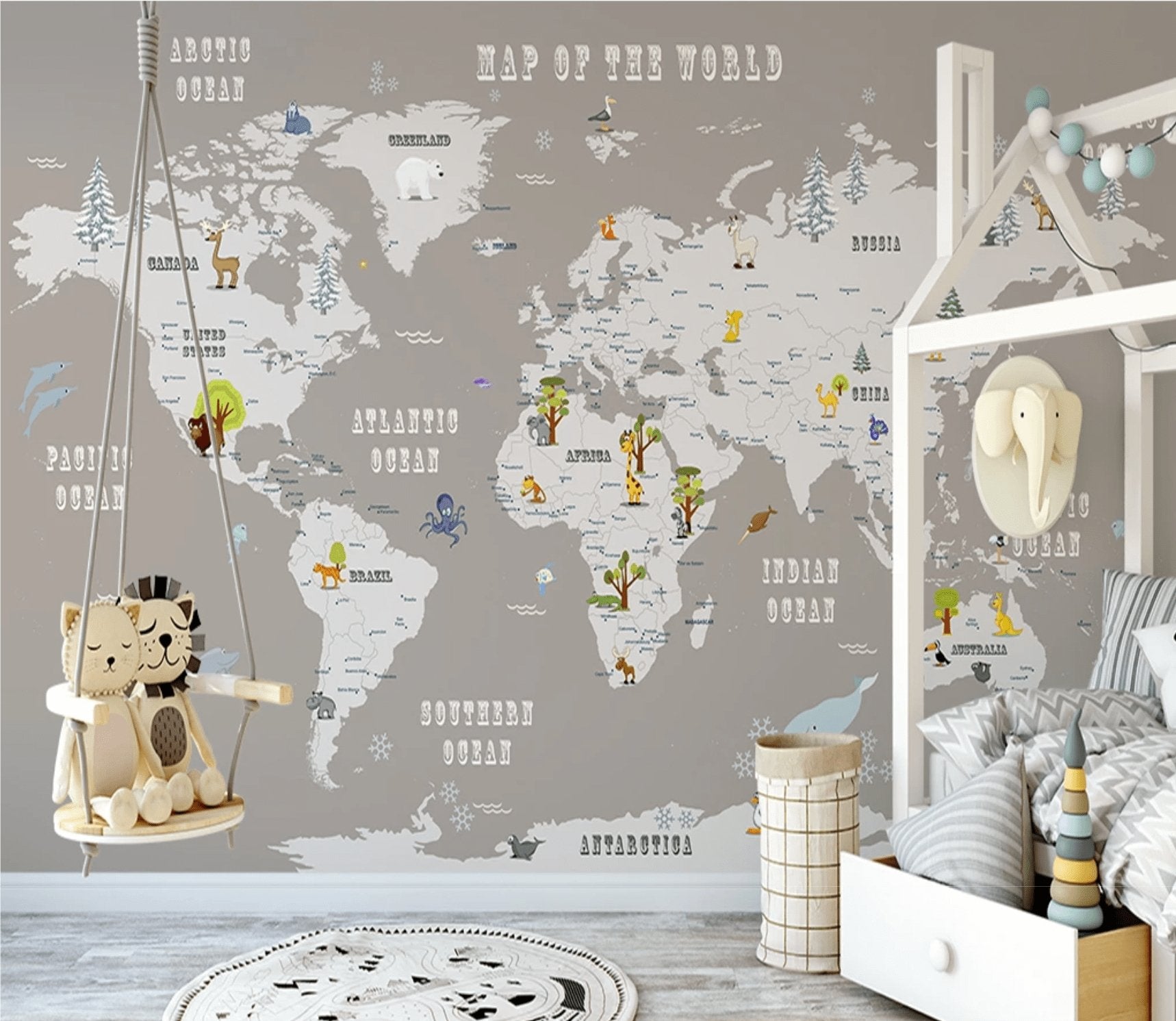 Papier peint enfant Carte du monde couleur taupe - papier peint sur mesure francais - muralconcept
