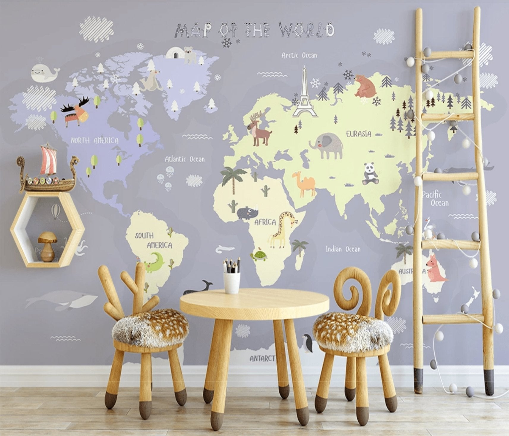 Papier peint enfant carte du monde fille - papier peint sur mesure francais - muralconcept