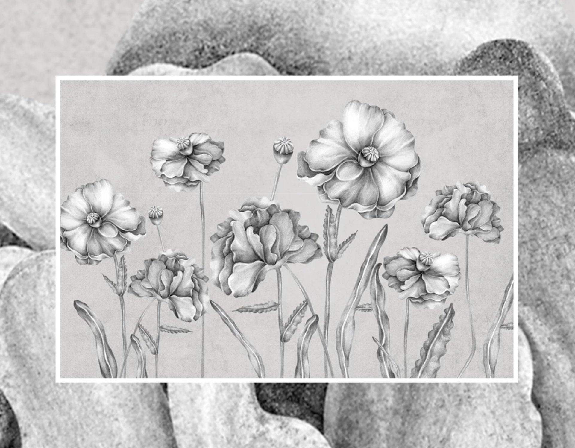 Papier peint fleurs bucoliques noires et blanches - papier peint sur mesure francais - muralconcept