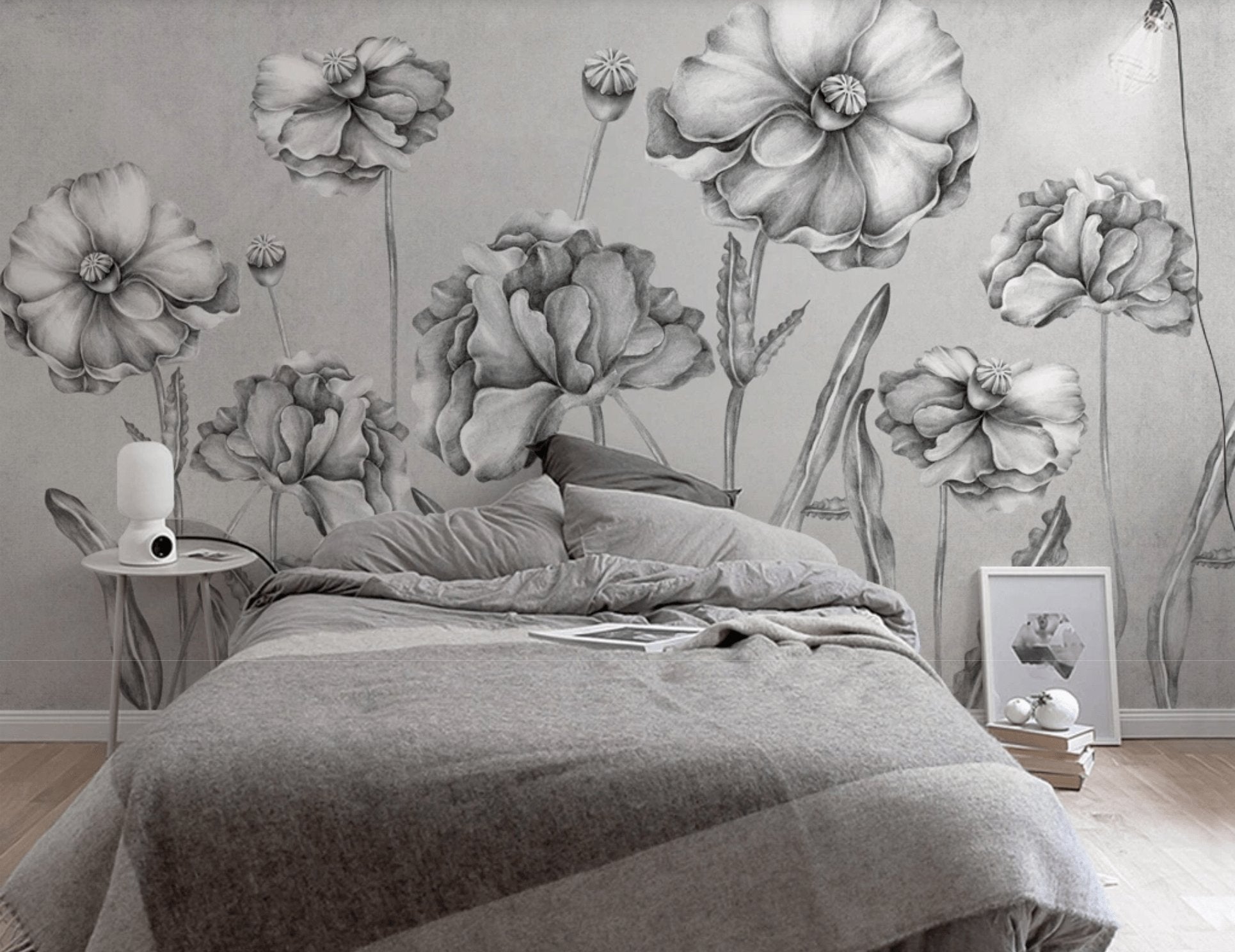 Papier peint fleurs bucoliques noires et blanches - papier peint sur mesure francais - muralconcept