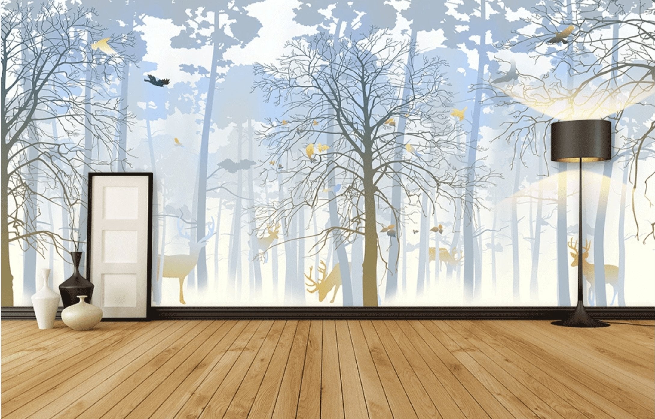 Papier peint nature forêt bleu & fraîcheur de l'aube - papier peint sur mesure francais - muralconcept