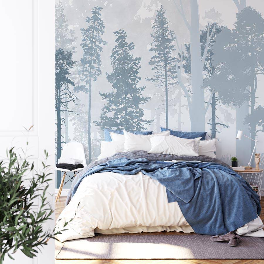 Papier peint panoramique forêt bleu scandinave - papier peint sur mesure francais - muralconcept