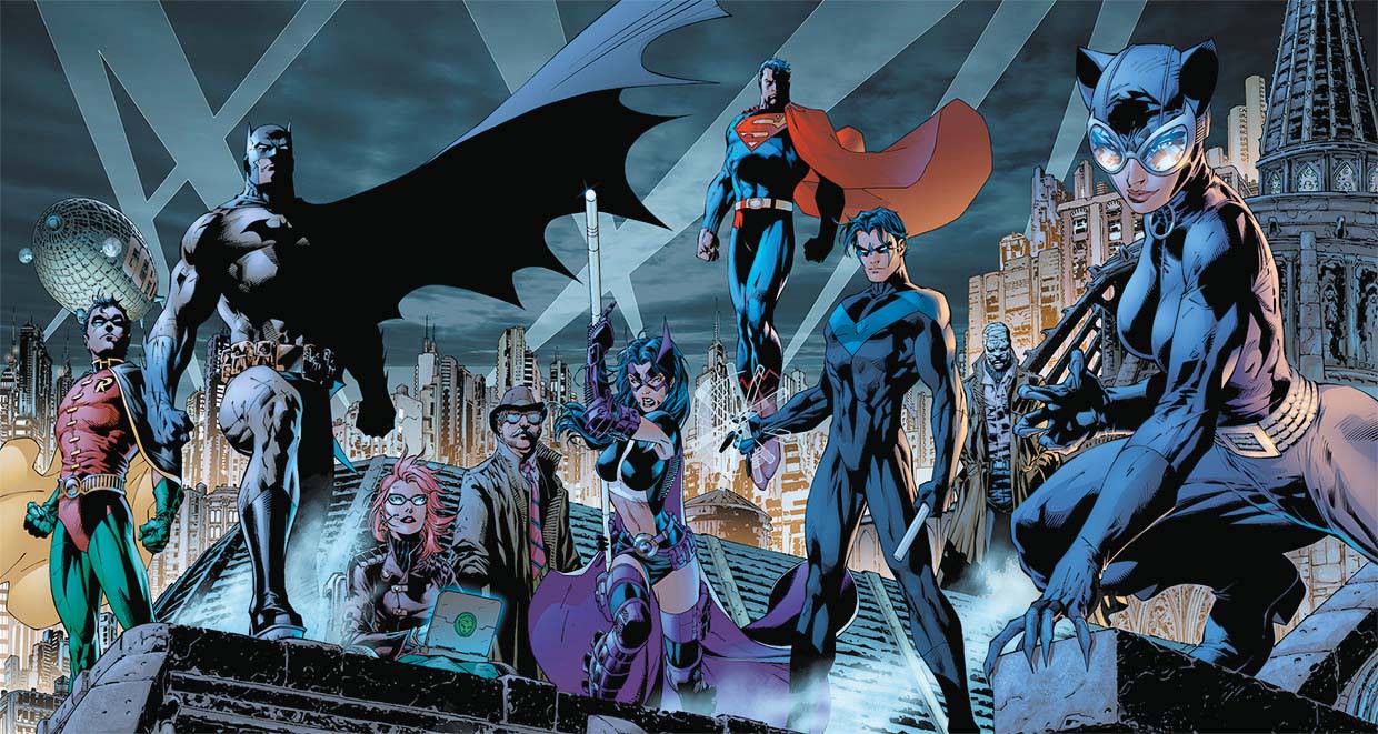 Papier peint panoramique justice league héro dark & blue city - papier peint sur mesure francais - muralconcept