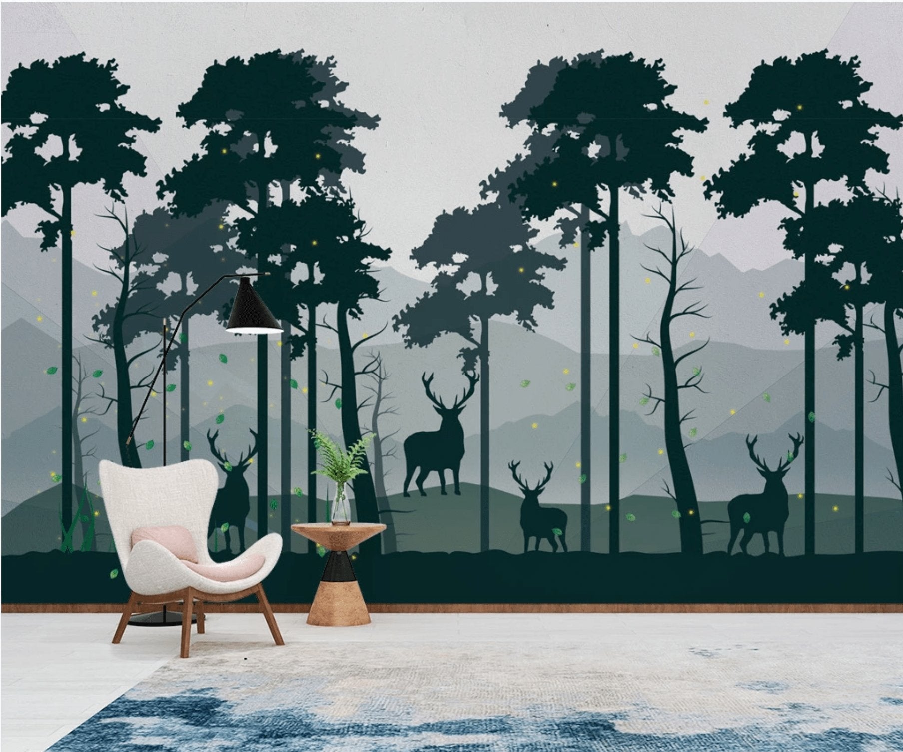 Papier peint panoramique nature forêt cerf vert profond - papier peint sur mesure francais - muralconcept