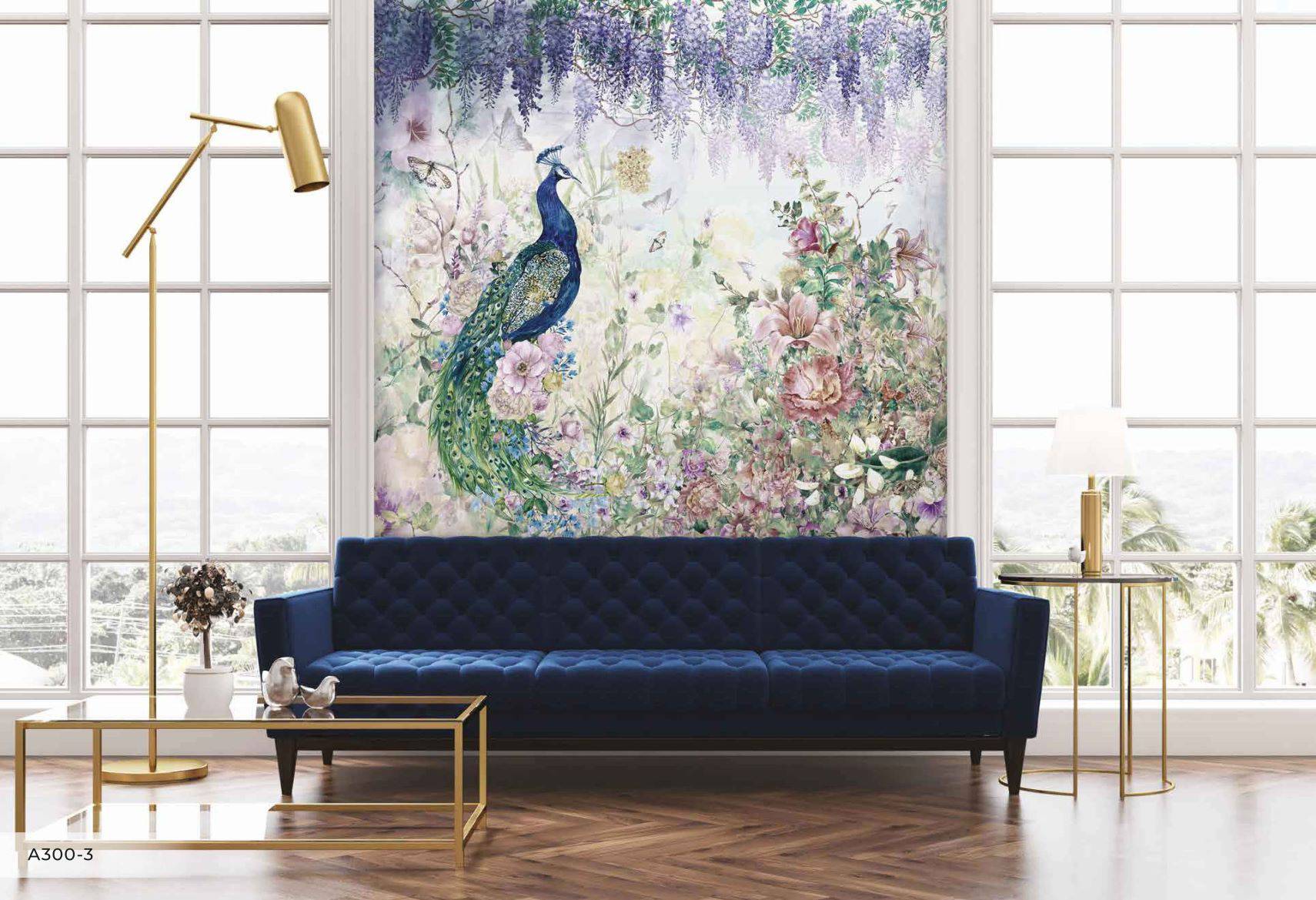 Papier Peint panoramique Peacock bleu paon floral - papier peint sur mesure francais - muralconcept