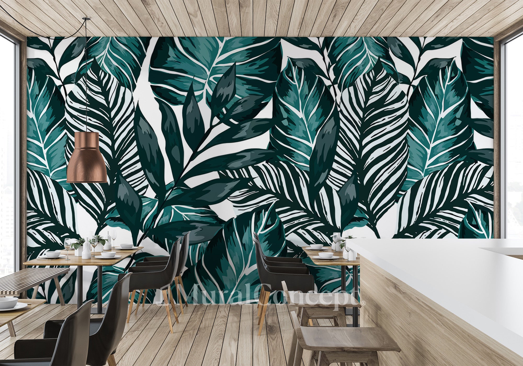 Papier peint bistrot feuille couleur bleu paon - panoramique français