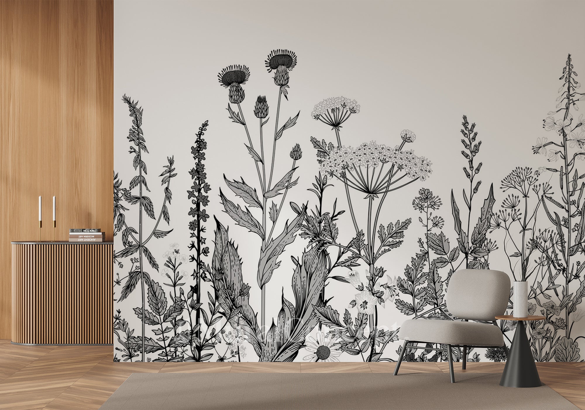 Papier peint botanique folk noir et blanc - panoramique français