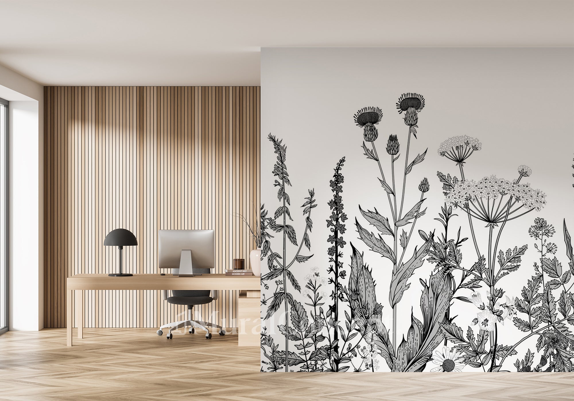 Papier peint bureau botanique folk noir et blanc - décor mural français