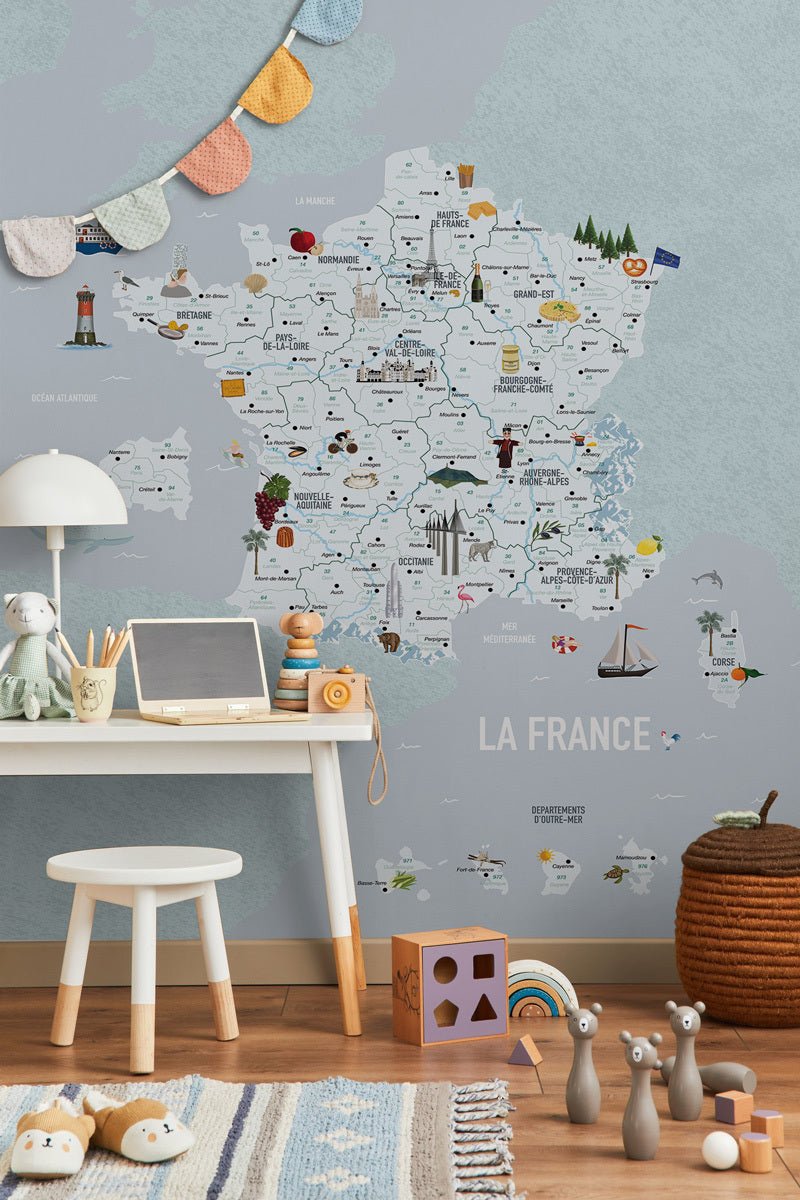 Papier peint carte de France enfant, mural concept, tendance